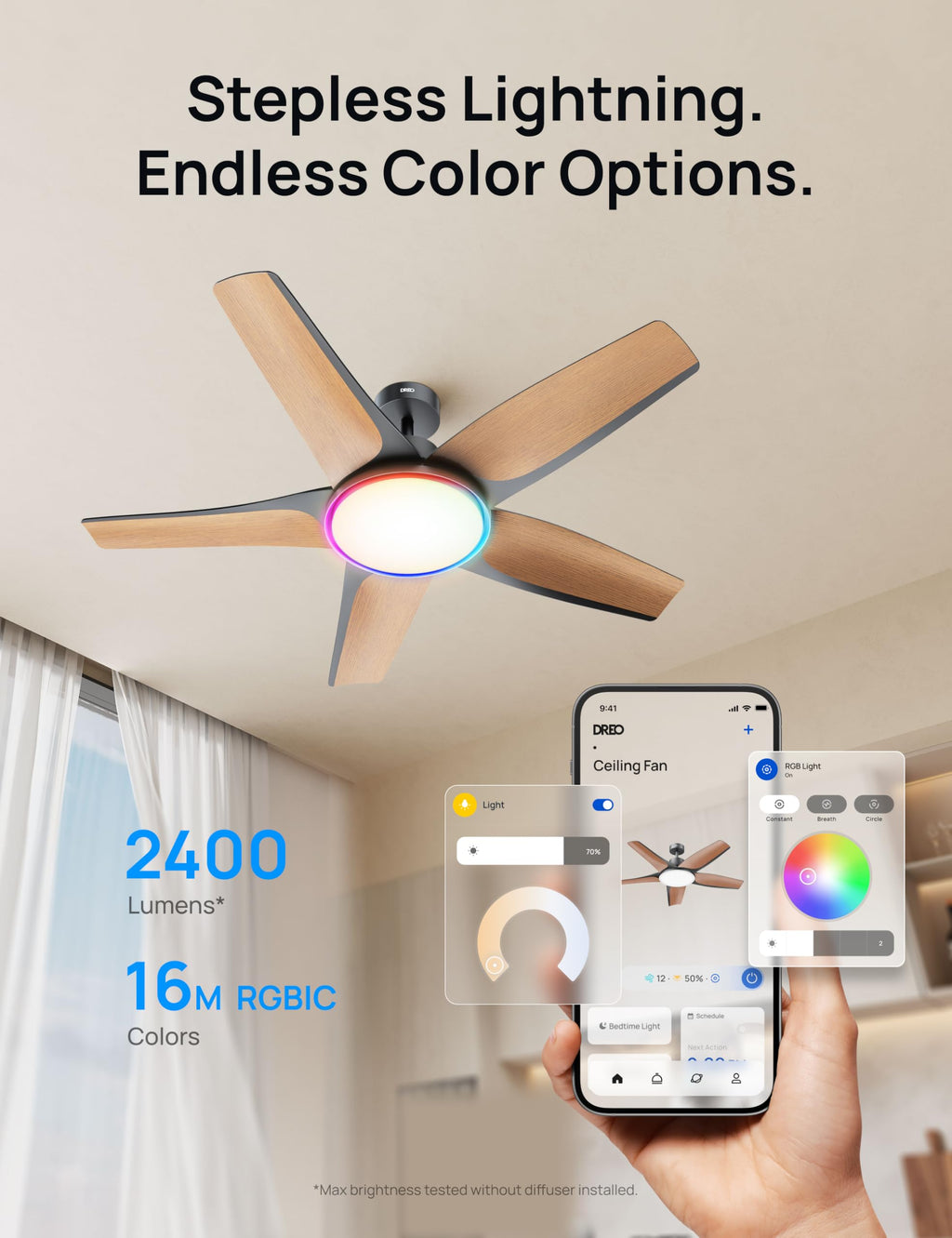 DREO Smart RGBIC Ceiling Fans with Lights, Low profile Ceiling Fan with Alexa/App, 52'' Dimmable Lighting & Color Tuning, 25dB Quiet for Living Room, Game Room, Easy Installation, Black, 2026 Upgraded