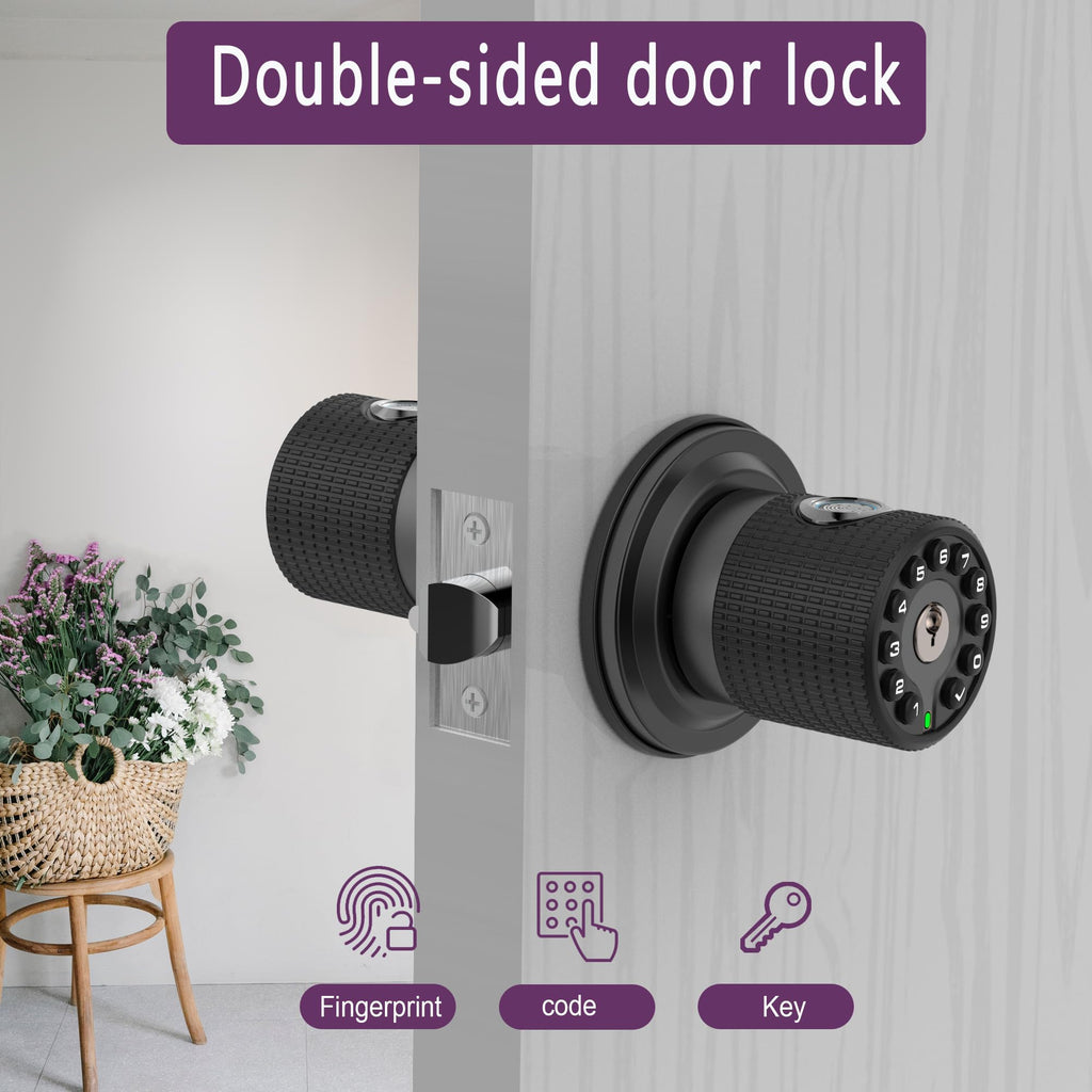 Double Sided Keyless Door Knob Lock with Fingerprint and Keypad, Smart Doorknob with Dual Cylinders for Exterior or Interior Door(Double Sided Fingerprint Matte Black)