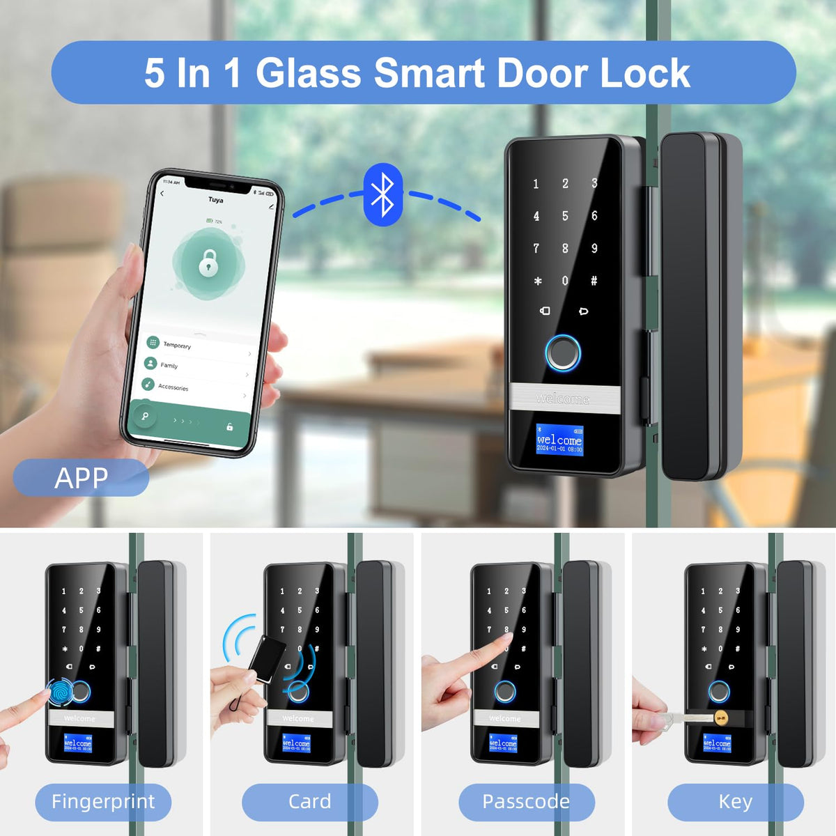 Smart Glass Door Lock, 2026 New Keyless Entry Door Lock, Biometric Fingerprint Glass Door Locks, Electronic Keypad Biometric Lock with App Control, Sliding Door Smart Lock for Office, Home, Store