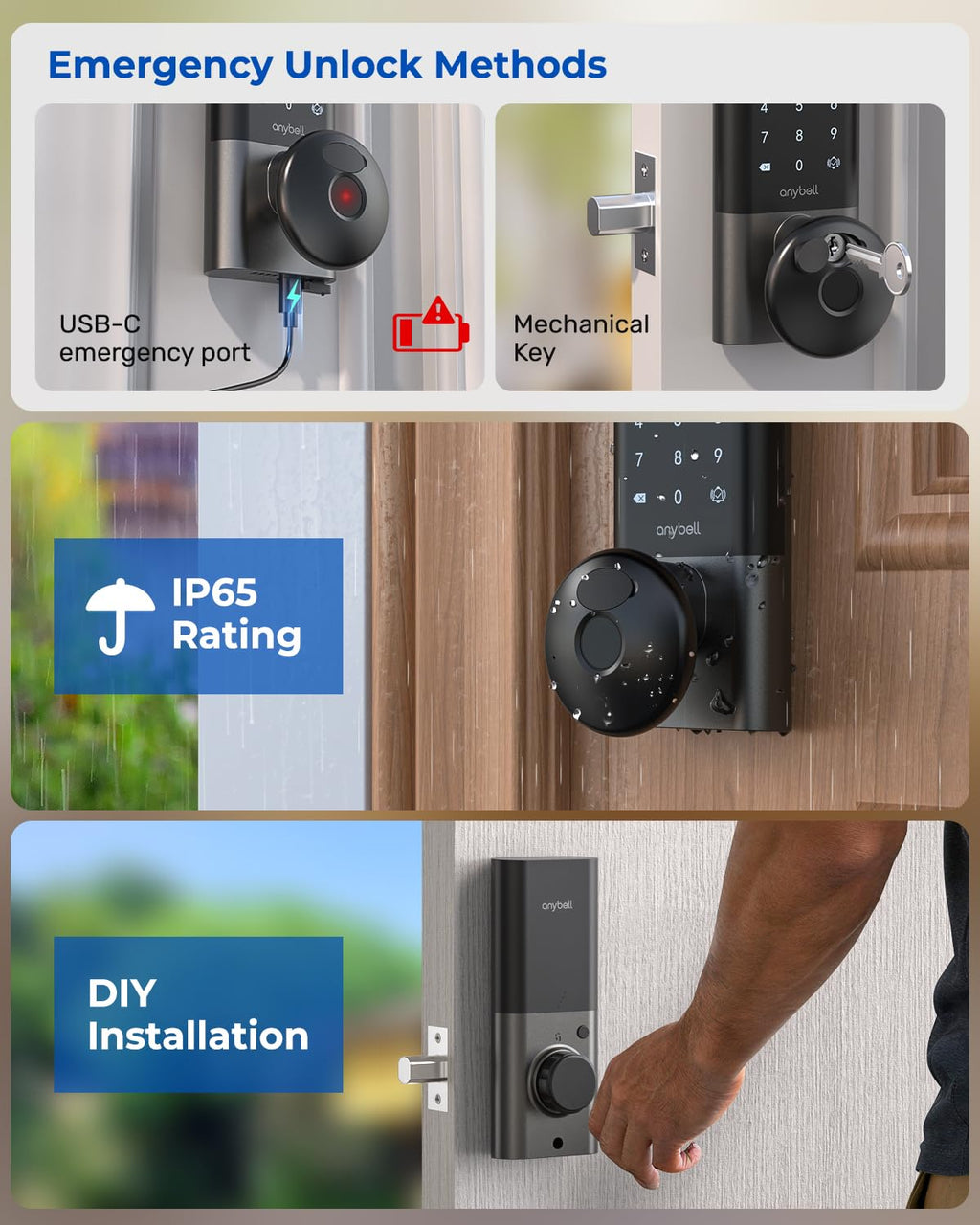 Fingerprint Door Lock, Keyless Entry Smart Deadbolt, Built-in WiFi, Black
