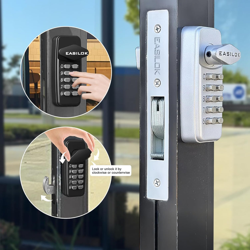 EASILOK Keyless Mechanical Storefront Lock, DIY No-Drill Commercial Mortise Replacement, Fits 1-1/8" Backset, Black, Hook Bolt