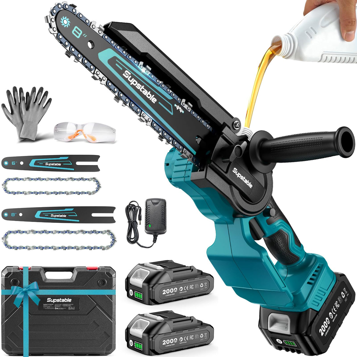 3-in-1 Cordless Mini Chainsaw & Hedge Trimmer with Grass Shears, 8-Inch 800W Brushless Chainsaw, 2 x 4000mAh Batteries, Garden Tool Kit for Tree Pruning, Hedge Trimming & Lawn Edging
