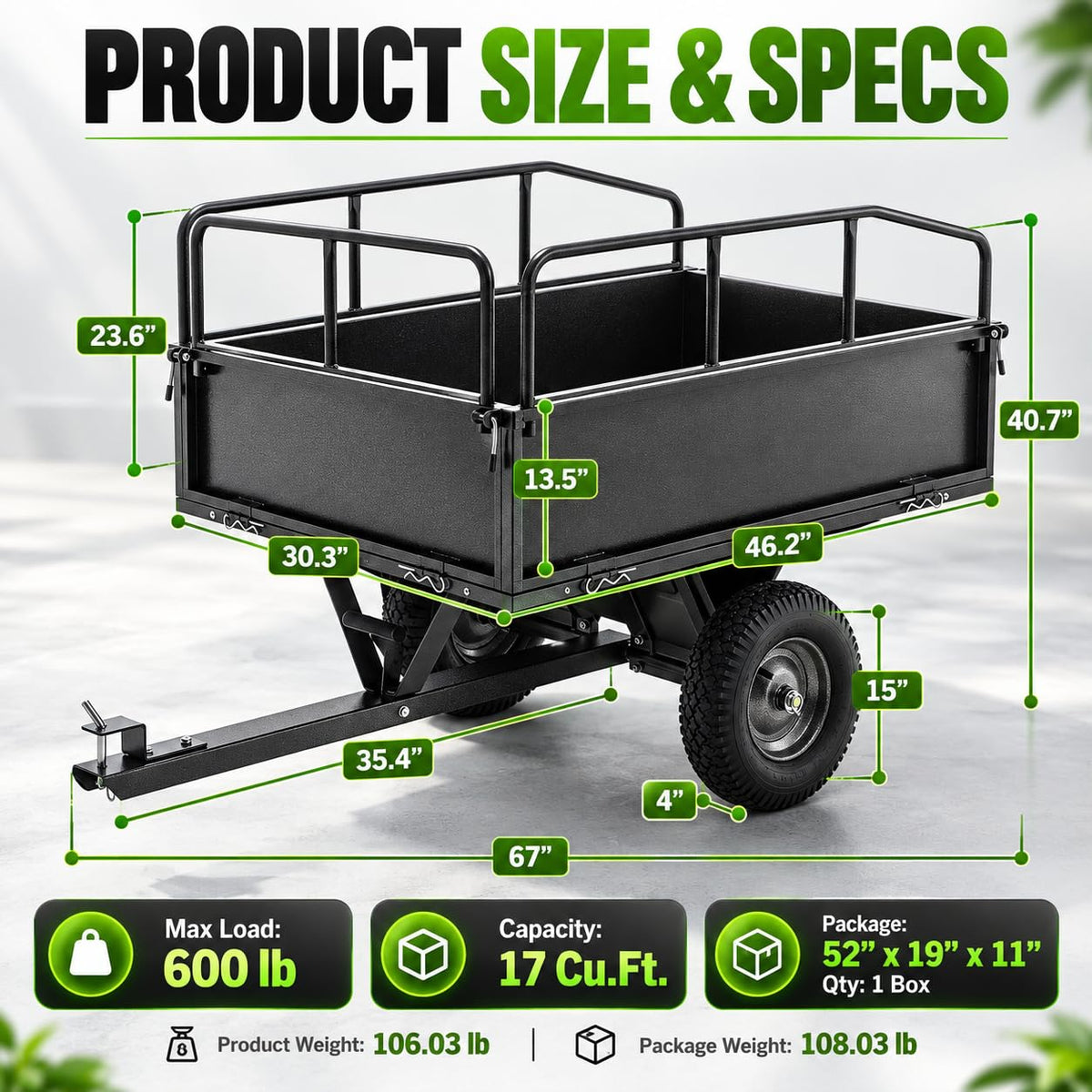 600LBS Heavy Duty Steel Dump Cart Trailer, 17 Cu.Ft. ATV Trailer Tow Behind