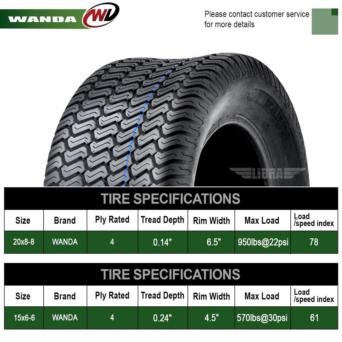 WANDA Set 4 15X6-6 & 20X8-8 Lawn Mower Tractor Turf Tires 4PR-13016/13035
