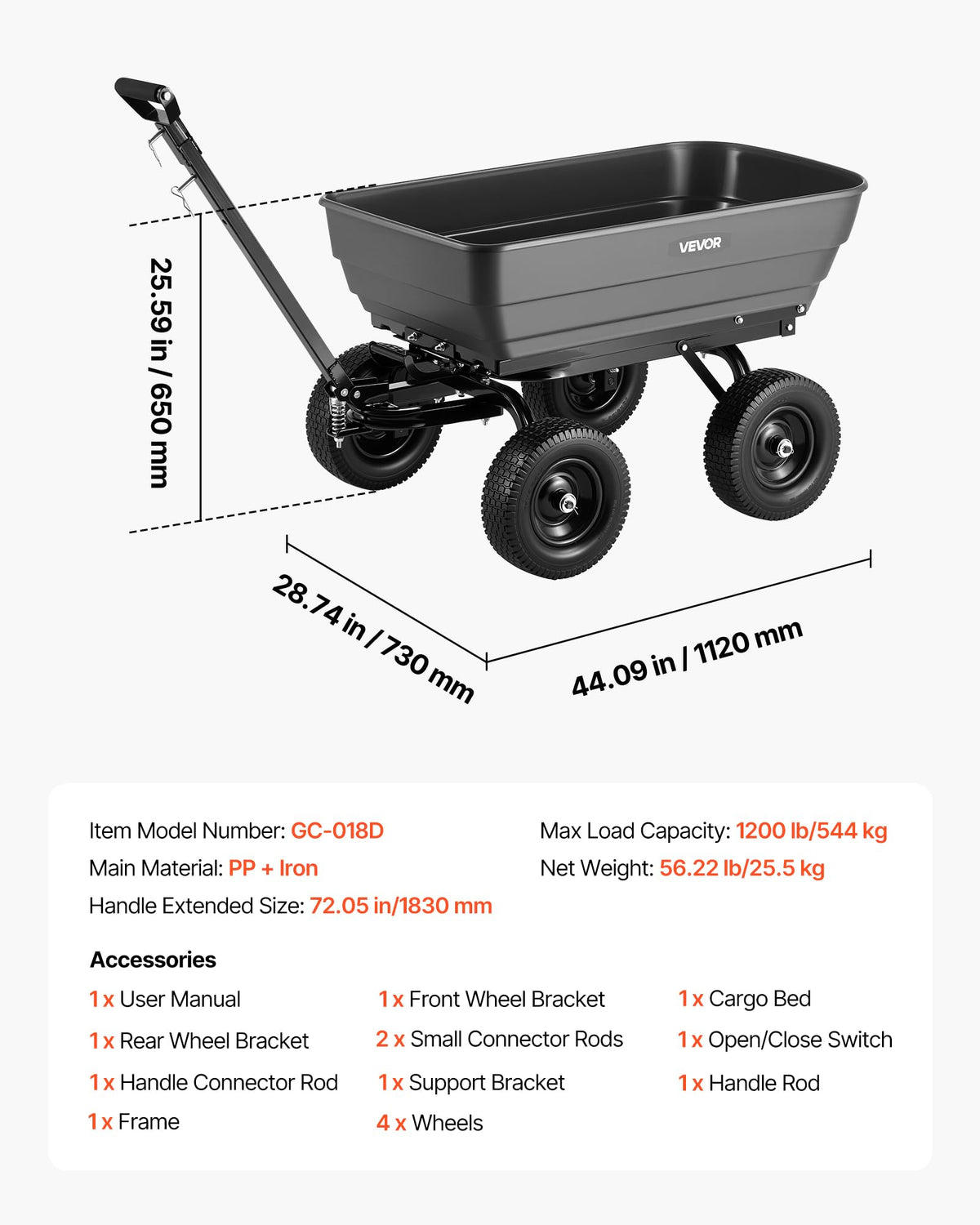VEVOR 7 Cu.Ft 1200LBS Poly Garden Cart Dump Wagon, Heavy Duty Wheelbarrow with 2-in-1 Convertible Handle and 13" Flat Free Tires, Utility ATV Trailer Yard Dump Cart Tow Behind for Lawn Mower Tractor