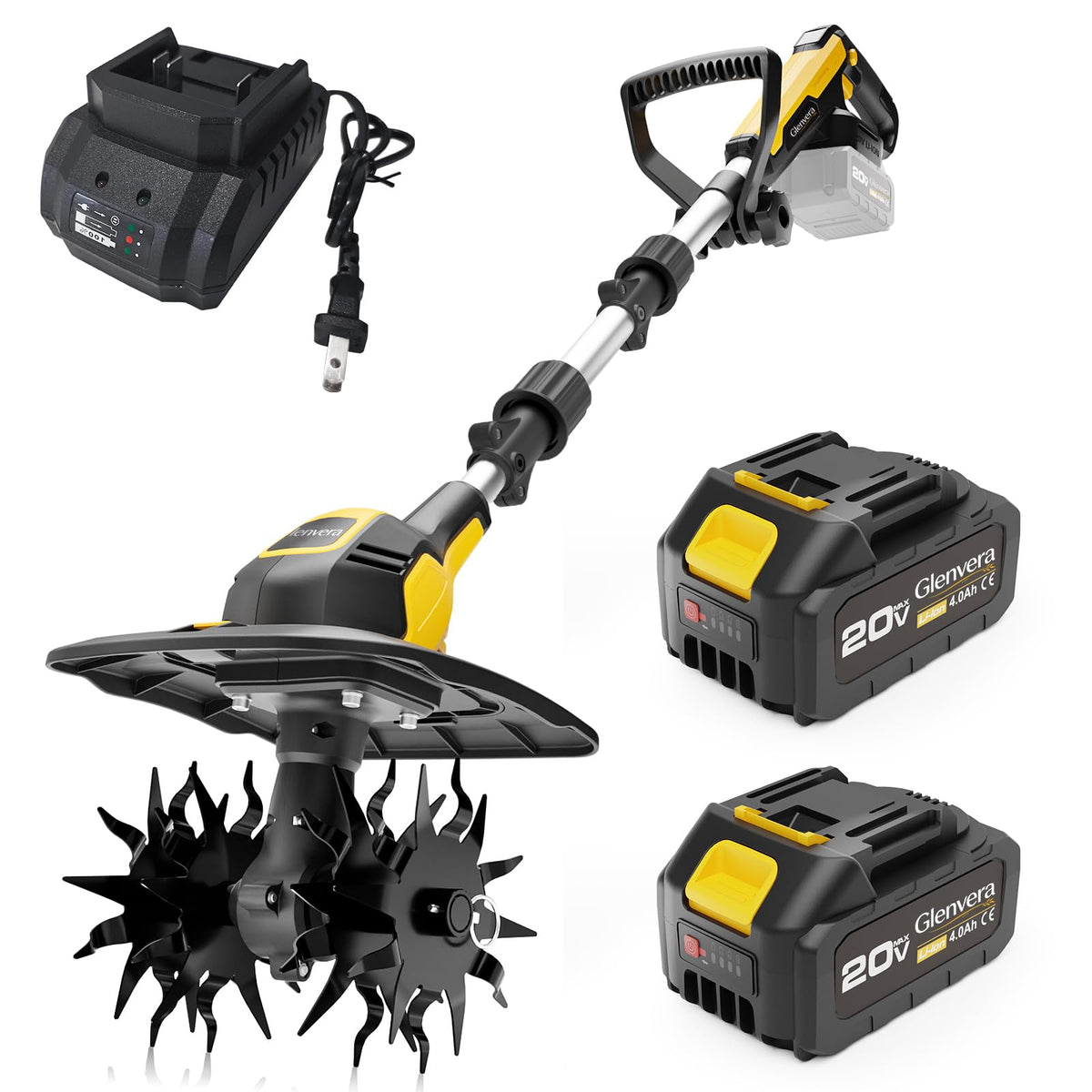20V Cordless Tiller Cultivator, with 2 * 4.0Ah Batteries & Charger