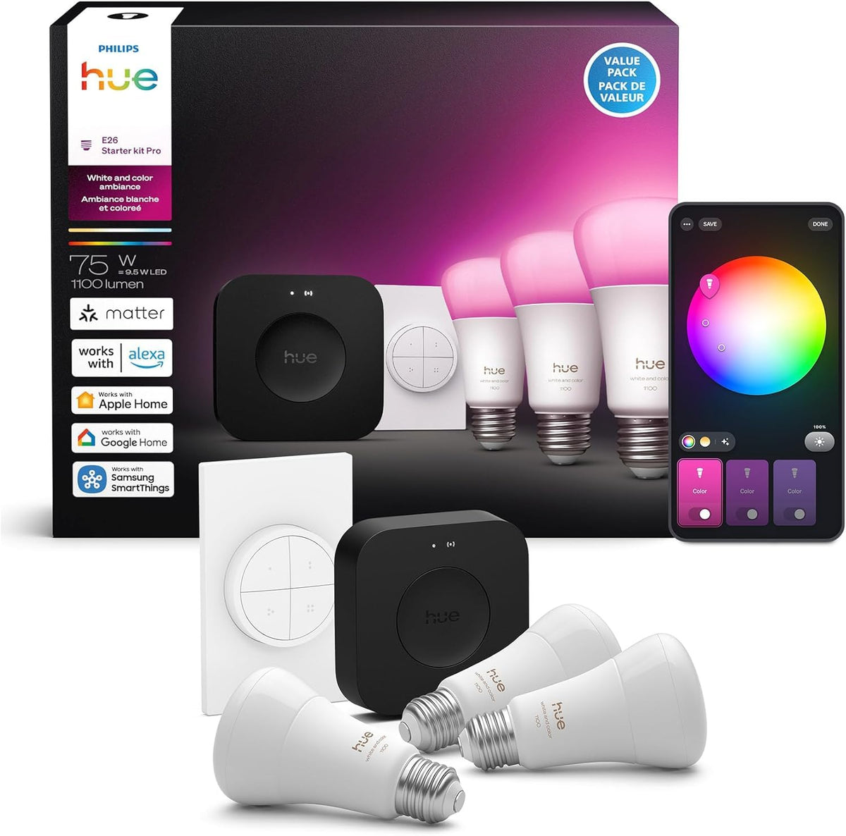 PHILIPS Hue Starter Kit, Bridge Pro + 4 A19 E26 Smart Bulbs