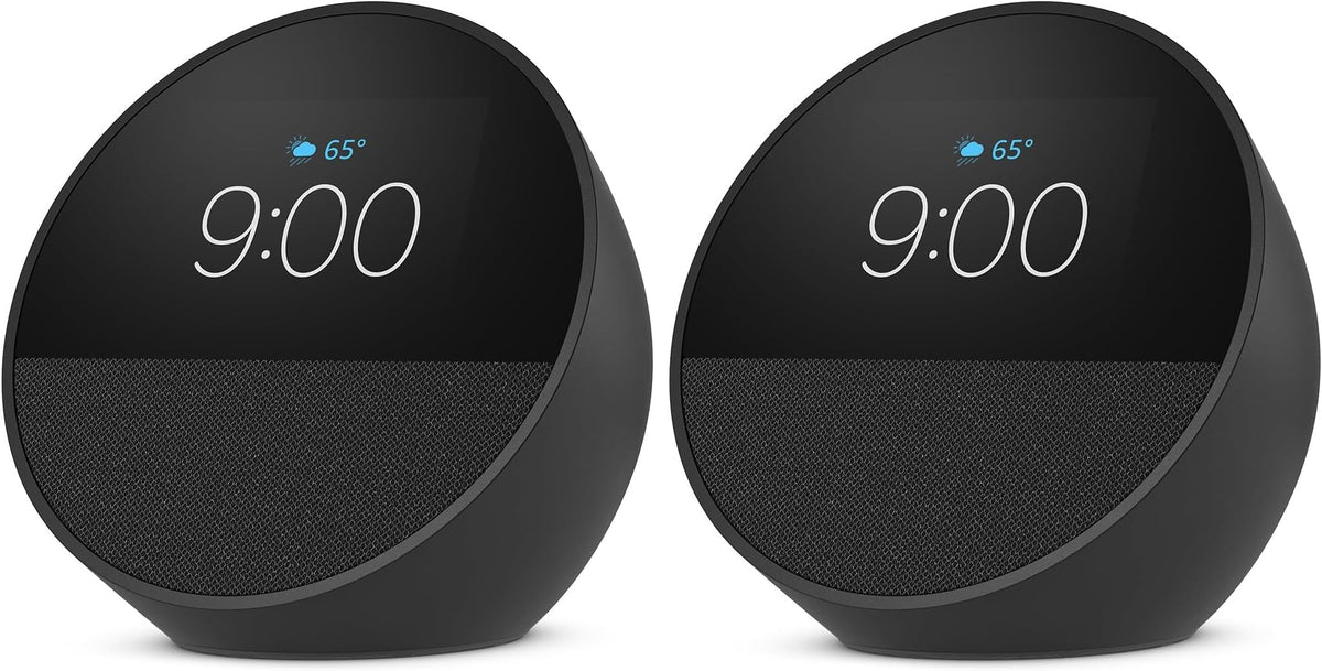 Amazon Echo Spot (newest model), Great for nightstands, offices and kitchens, Smart alarm clock, Designed for Alexa+, Black (Pack of 2)