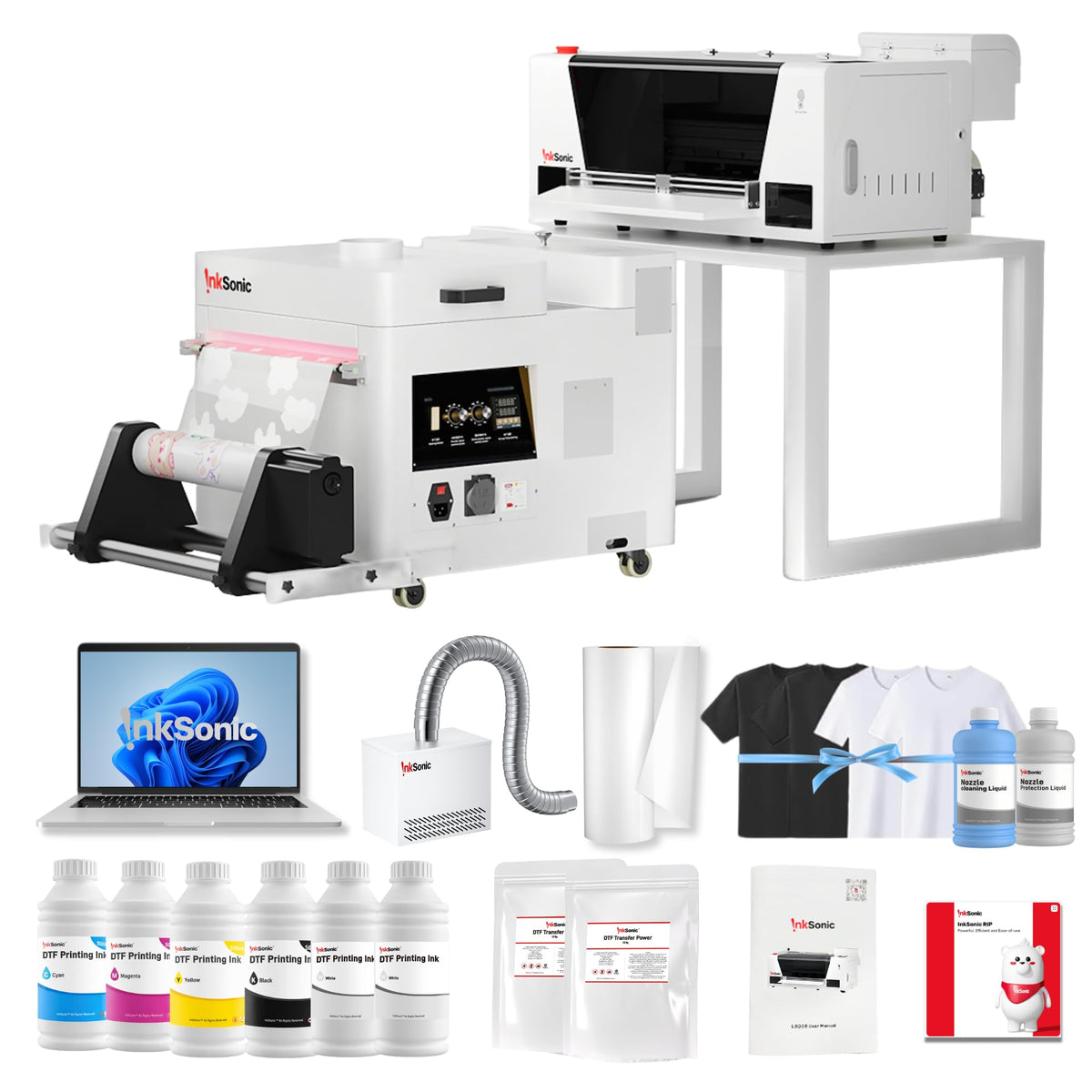InkSonic 14" F1080 DTF Printer with Shaker & Dryer, Fume Extractor & Laptop