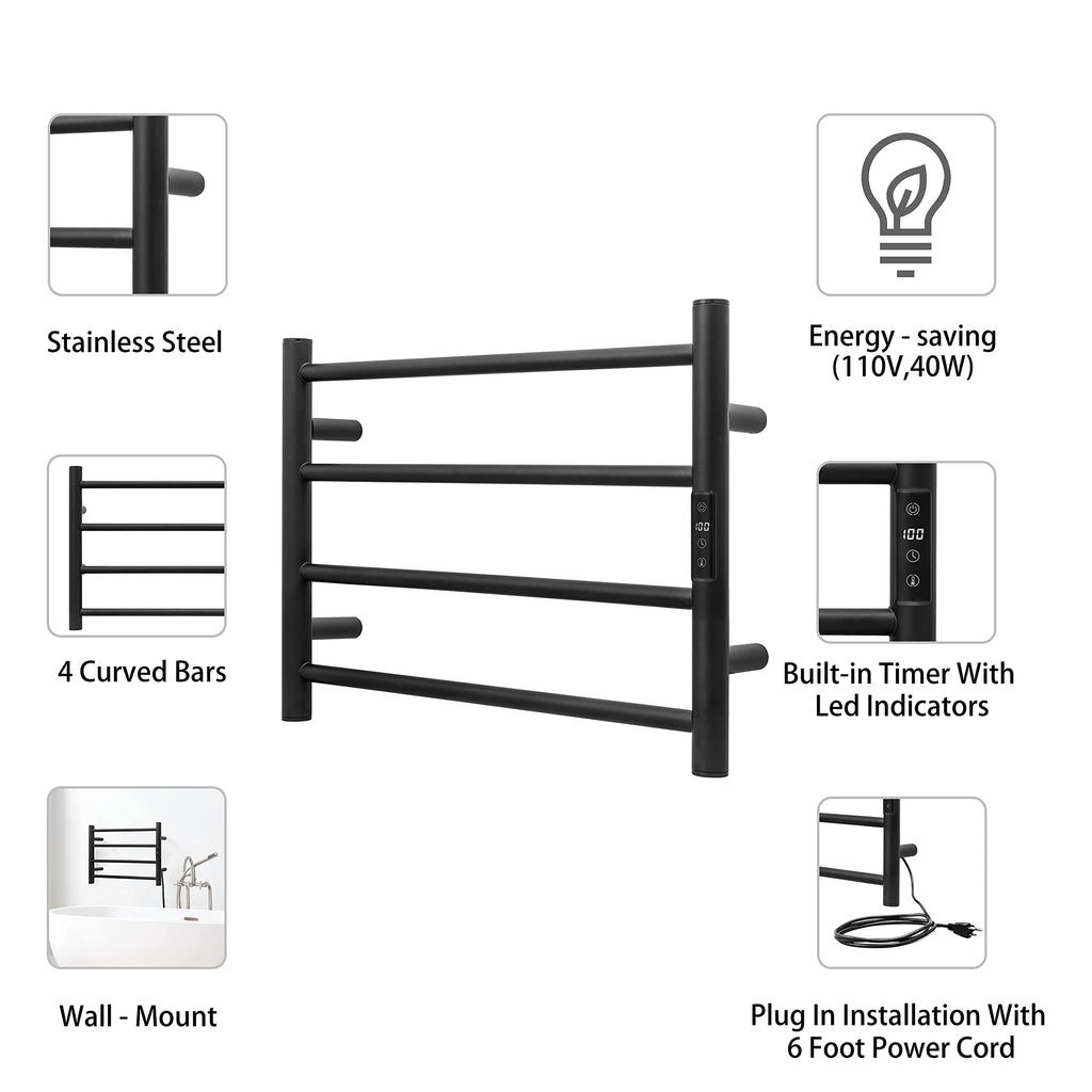 Smart WiFi Towel Warmer Wall Mounted with Built-in Timer and Temperature Adjust Control, 4 Bars Electric Stainless Steel Heated Towel Racks for Bathroom Matte Black