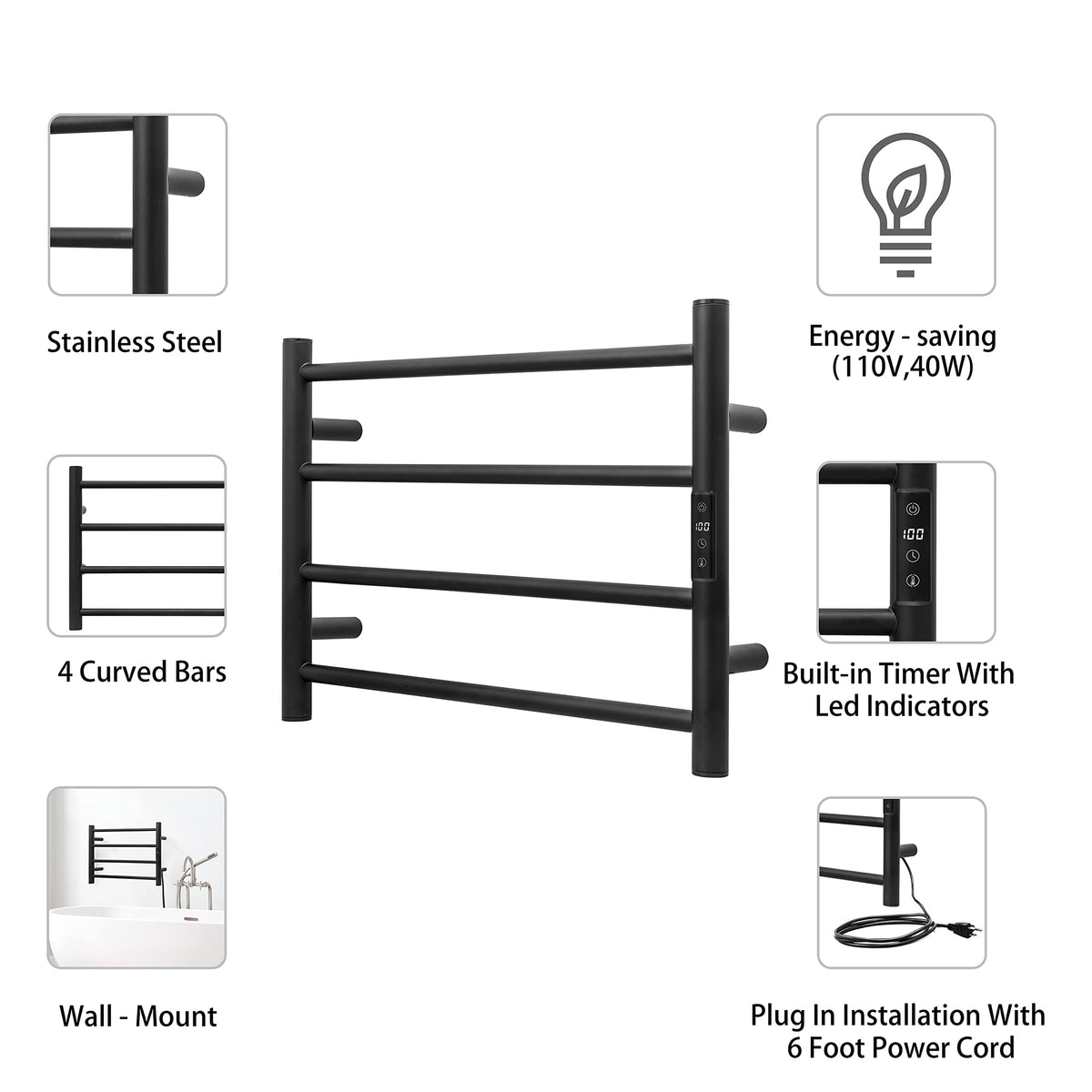 Smart WiFi Towel Warmer Wall Mounted with Built-in Timer and Temperature Adjust Control, 4 Bars Electric Stainless Steel Heated Towel Racks for Bathroom Matte Black