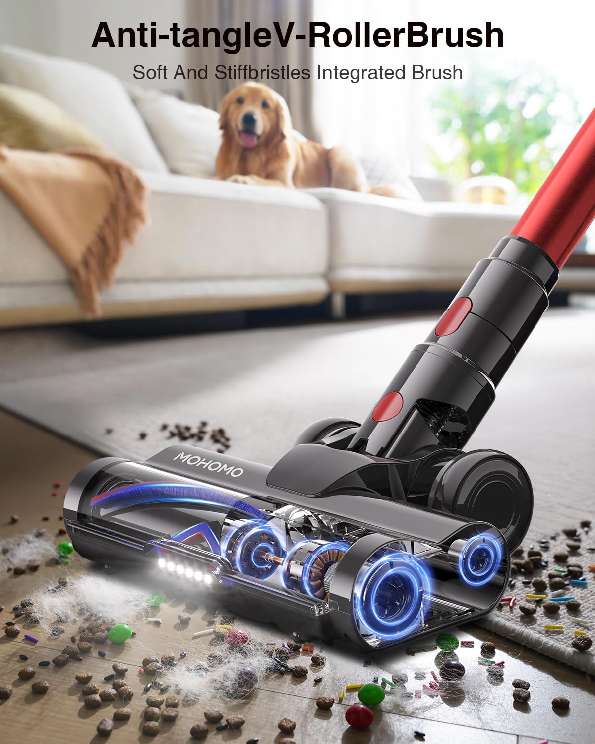 Cordless Vacuum Cleaner, 650W/60KPa 70Mins Vacuum Cleaners for Home, Self-Standing Stick Vacuum with Anti-Tangle Brush & OLED Touch Screen, Vacuum Cleaner for Hardwood Floors,Carpet,Pet Hair,Car (Red)