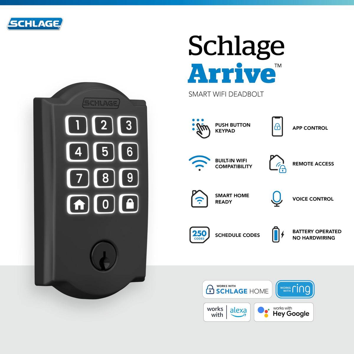 Schlage Arrive Smart WiFi Deadbolt Lock with Camelot Trim, Matte Black