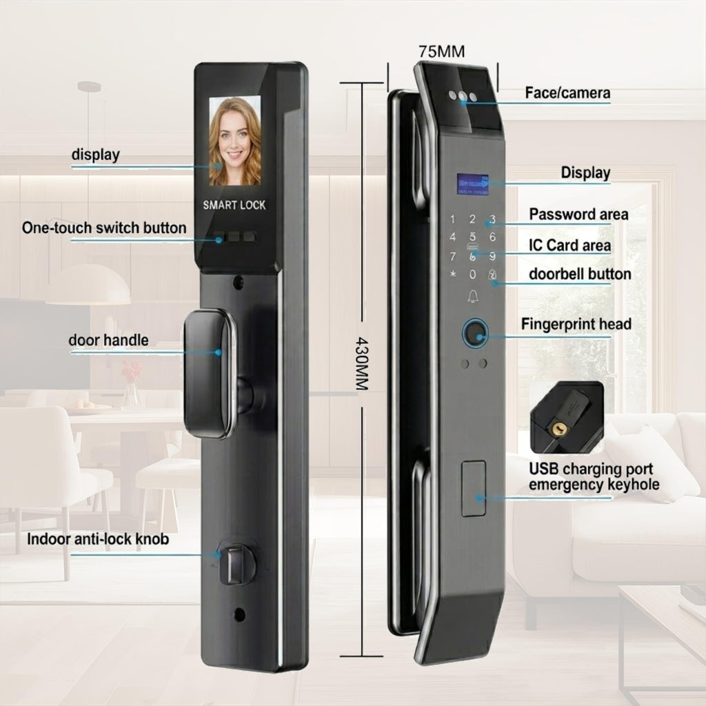 Smart Door Lock with Facial Recognition, WiFi Camera and Tuya App, Keyless Entry Electronic Door Lock for Smart Home Security