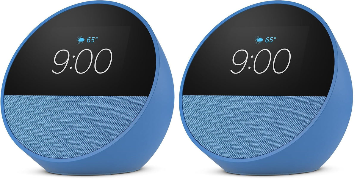 Amazon Echo Spot (newest model), Great for nightstands, offices and kitchens, Smart alarm clock, Designed for Alexa+, Ocean Blue (Pack of 2)