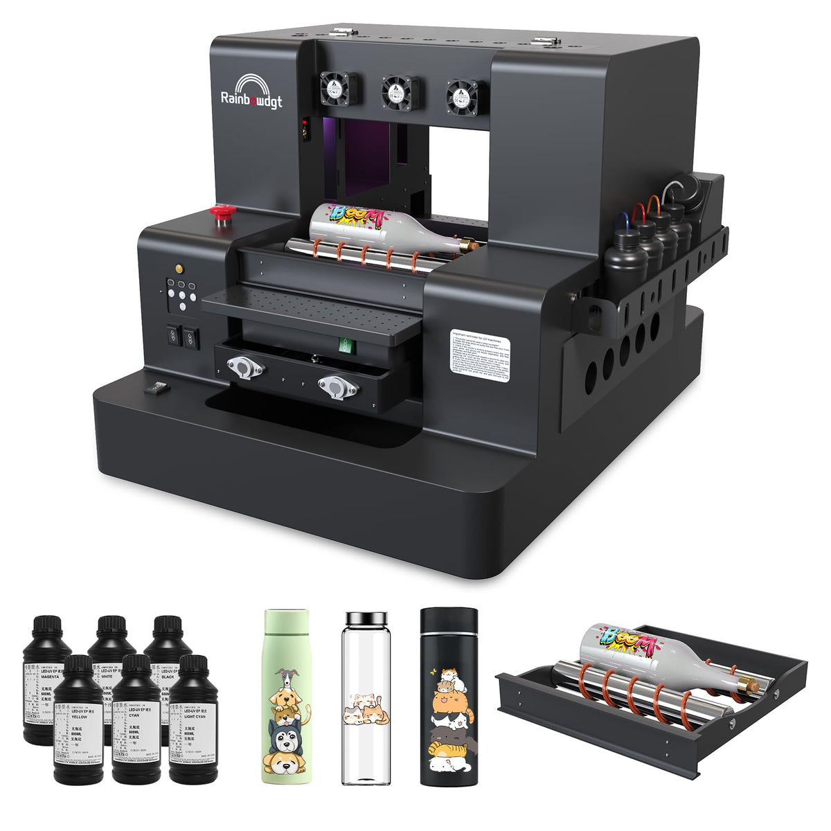 RAINBOWDGT A3 UV Printer Machine,5760x2880 DPI,Bottle Holder & Stickers