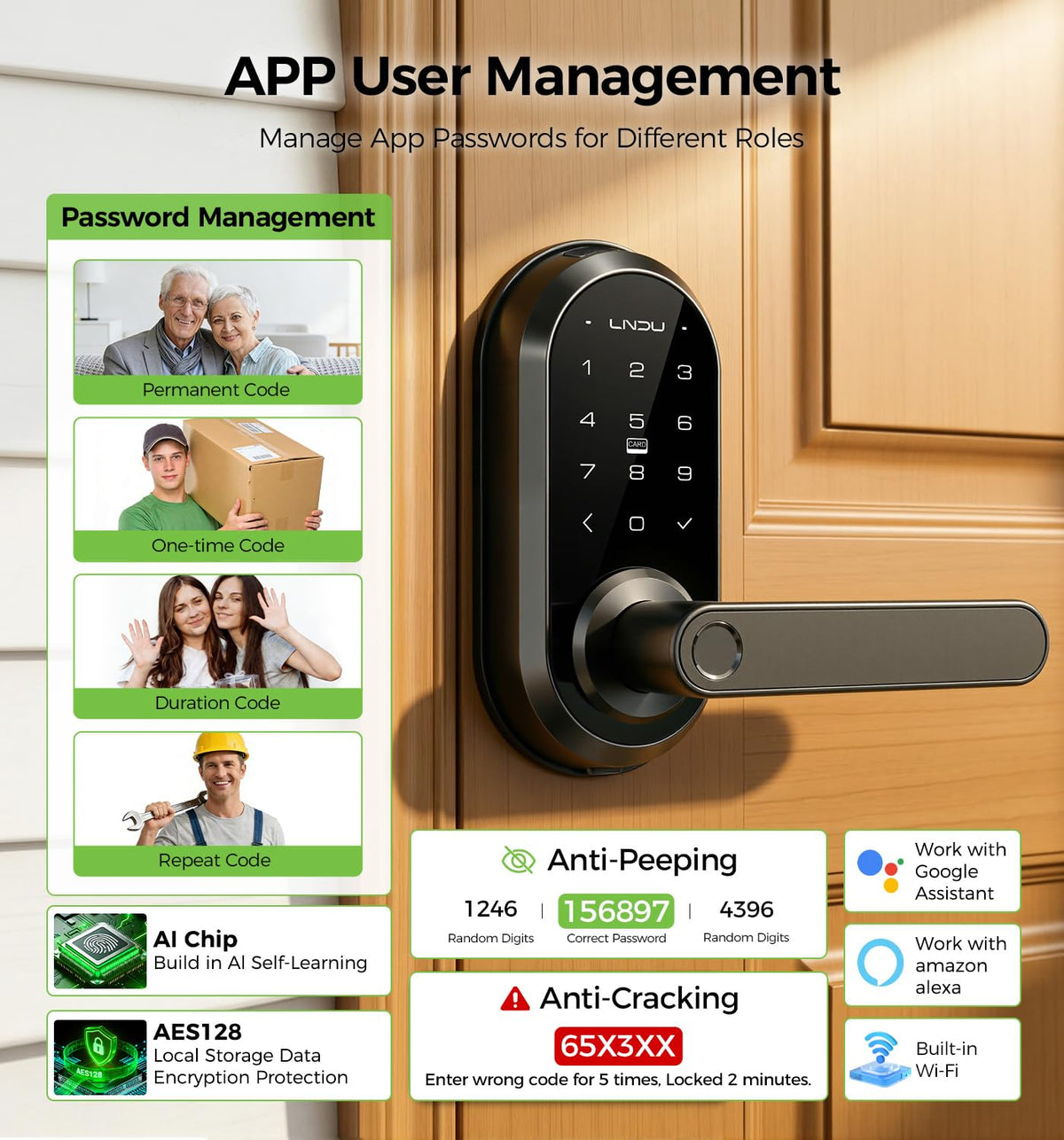 Smart Lock Keypad Door Lock with Handle, WiFi Keyless Entry Door Lock with Handle,Door Keypad Locks with Alexa & Google Assistant,Voice Control & APP Remote Control,Fingerprint,PIN Code,Mechanical Key