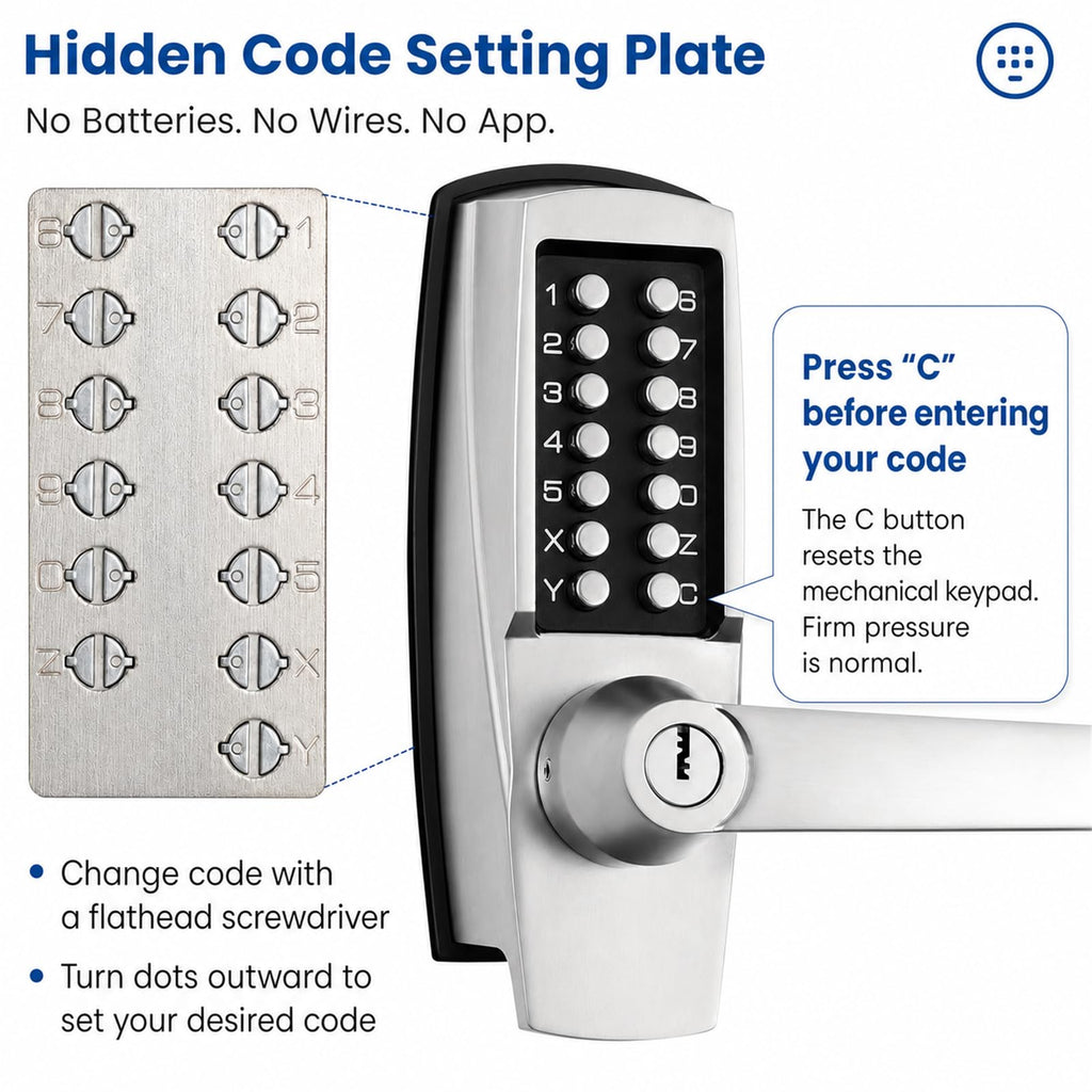 Keyless Door Lock with Handle, Battery-Free Mechanical Keypad Lock