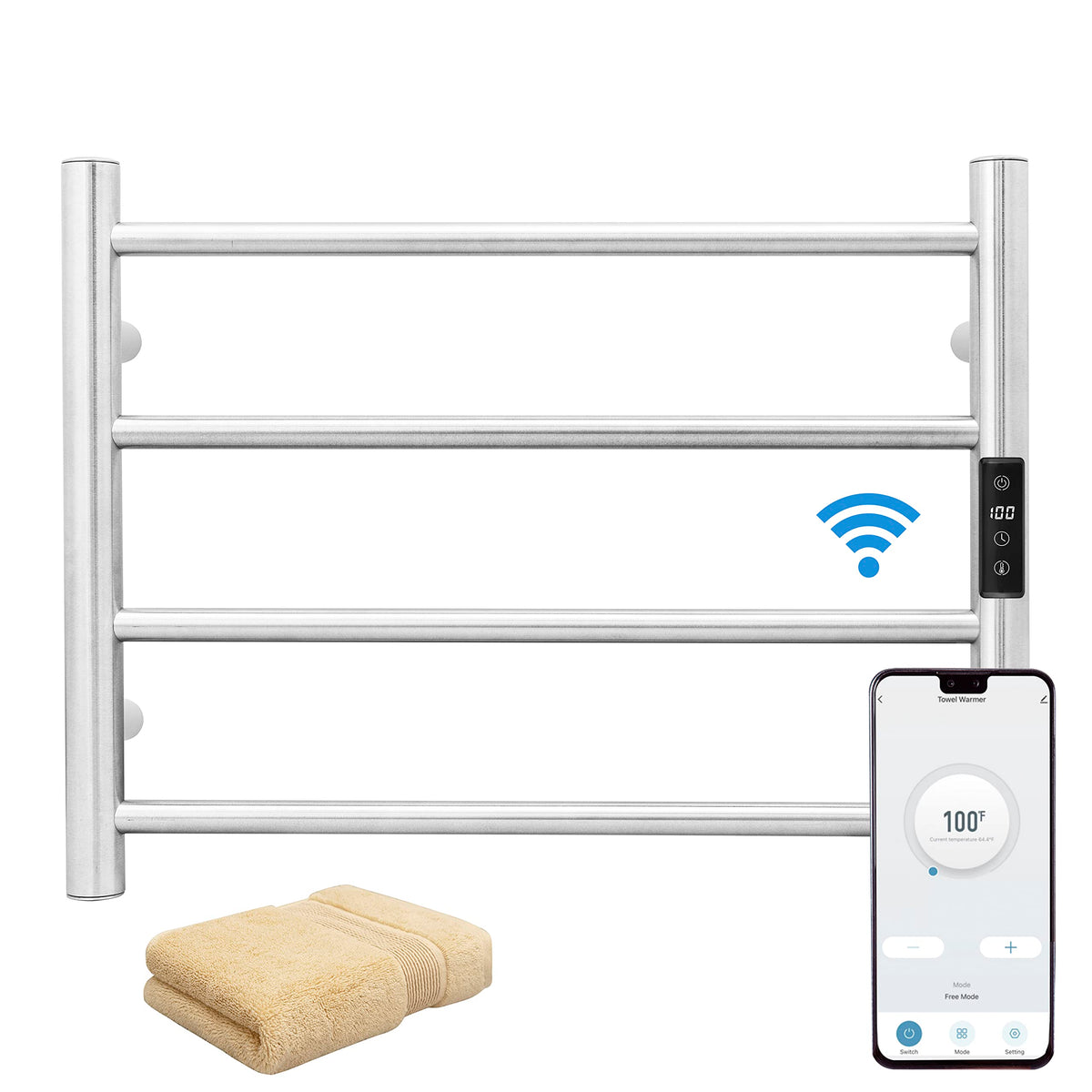 Smart WiFi Towel Warmer Wall Mounted with Built-in Timer and Temperature Adjust Control, 4 Bars Electric Stainless Steel Heated Towel Racks for Bathroom Matte Black