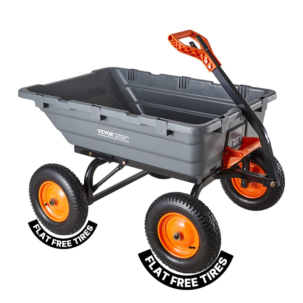 VEVOR 1500lbs Poly Garden Dump Cart Wheelbarrow Wagon with 2 in 1 Convertible Handle, Heavy Duty Yard Cart Wagon for with 13in All Terrain Wheels, Dump Trailer Tow Behind for Lawn Mower Tractor