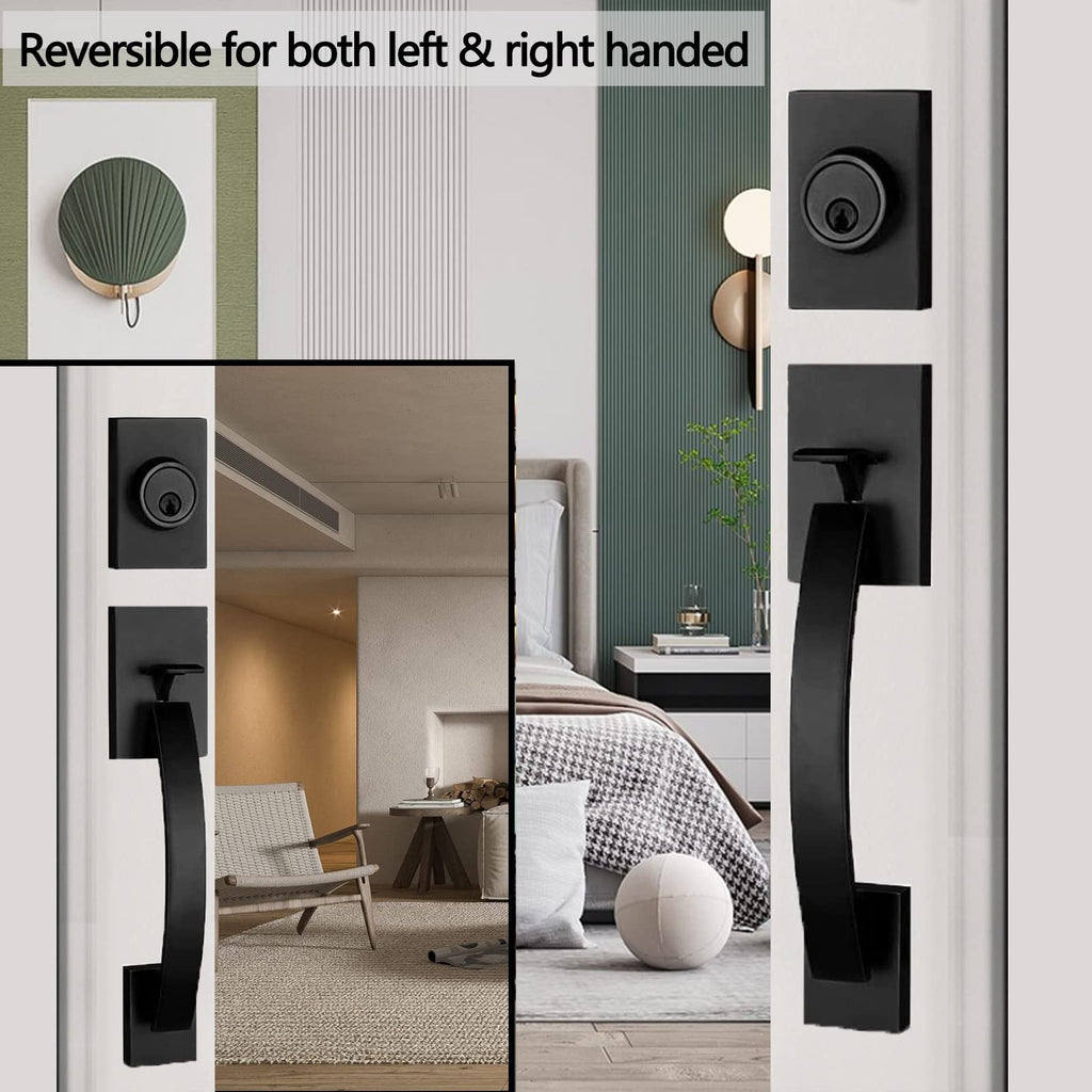 Exterior Double Door Lever Handleset,Solid Door Handle Lock Set (Keyed and Dummy Set) - Matte Black,MDHST2017DB-SET-BR