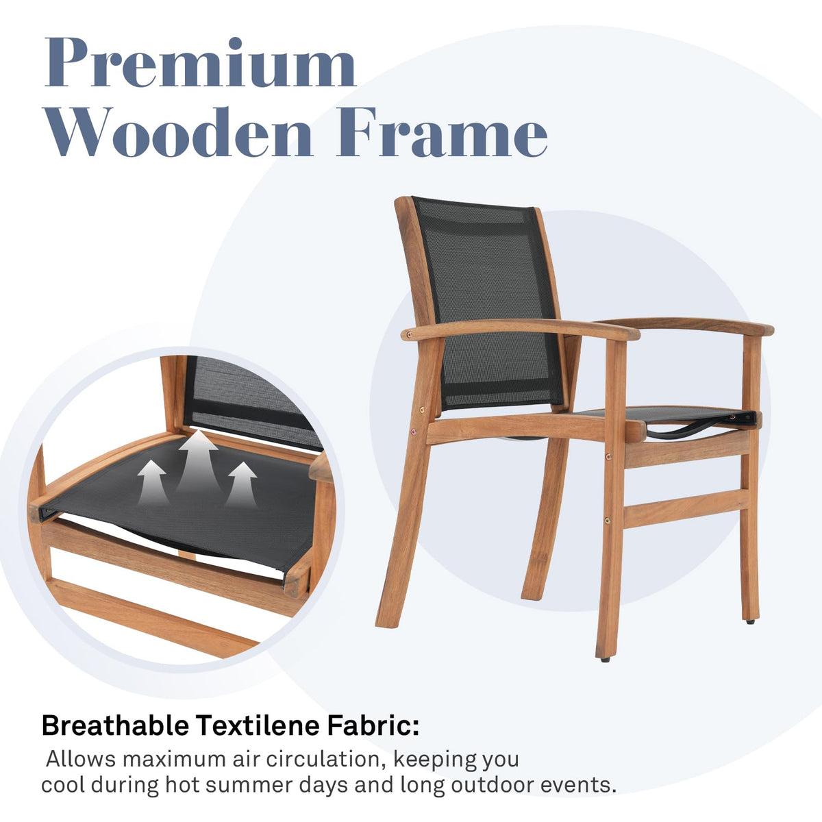 Acacia Wood Patio Dining Chairs Set (Black, 2 Pieces)