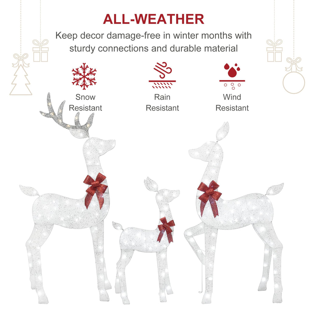 5 FT Oversized Christmas Decorations Outdoor Lighted Reindeer – 3-Piece 2D Deer Family Set with 160 Warm White LED Lights for Yard, Lawn, Garden & Porch Holiday Display - White