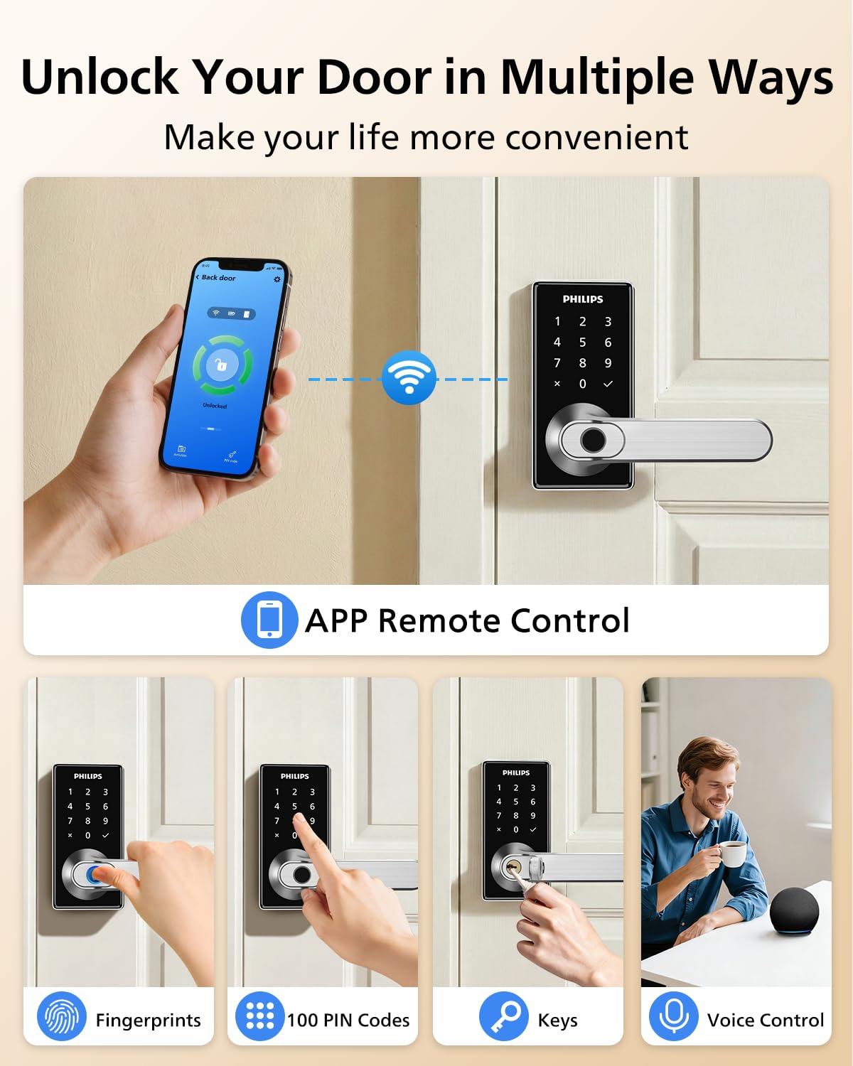Philips Upgraded Wi-Fi Smart Lock with Handle, Keyless Entry Door Lock, Smart Door Knob, Fingerprint Unlock, App Remote Control, Auto-Lock, Keypad Deadbolt with Lever for Bedrooms, Office, Front Door