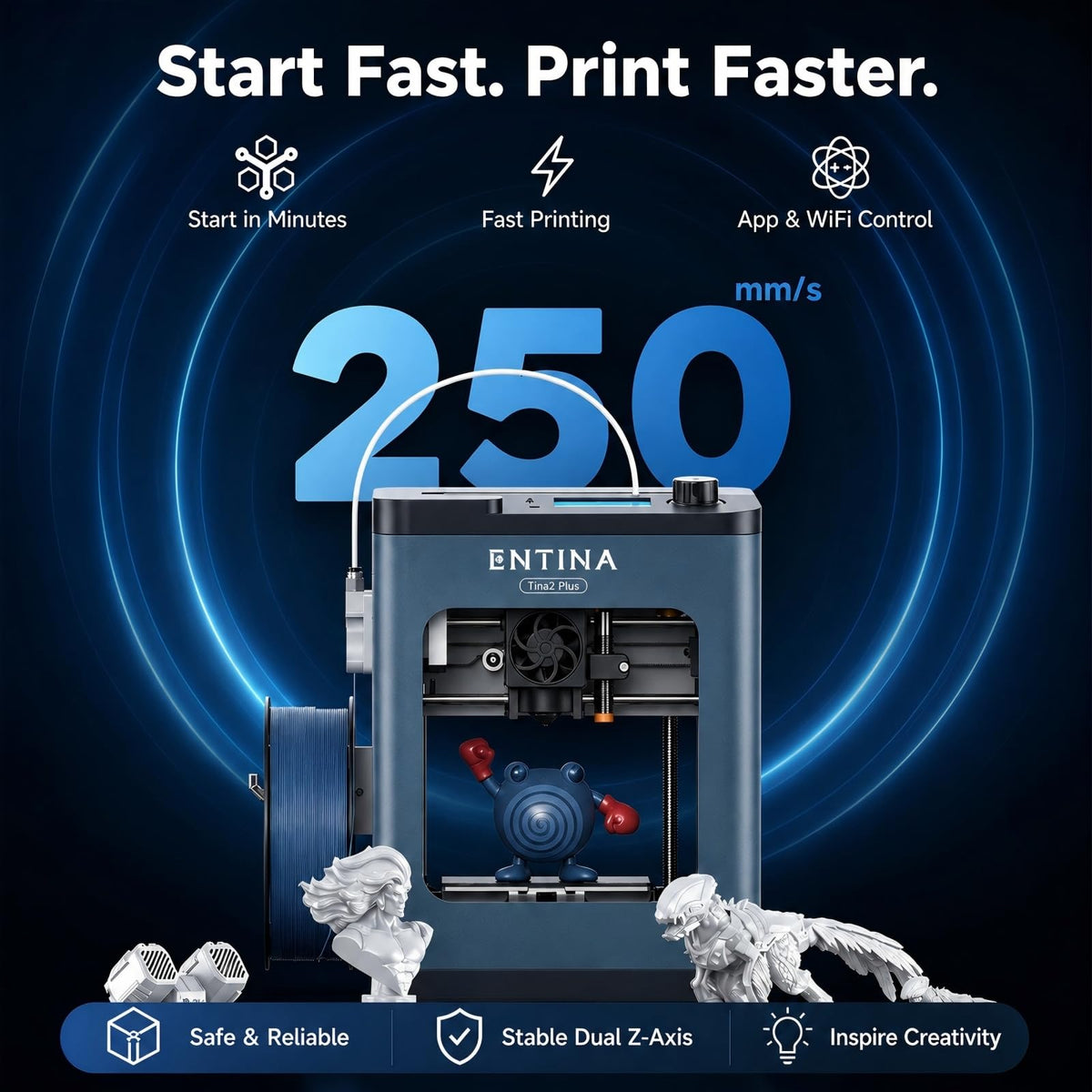 Entina Tina2 Plus 3D Printer, 250mm/s Fast Printing 3D Printer for Beginners & Kids, WiFi & App Control, Fully Assembled, Auto Leveling, PEI Build Plate, Open Source Mini 3D Printers for Home & School