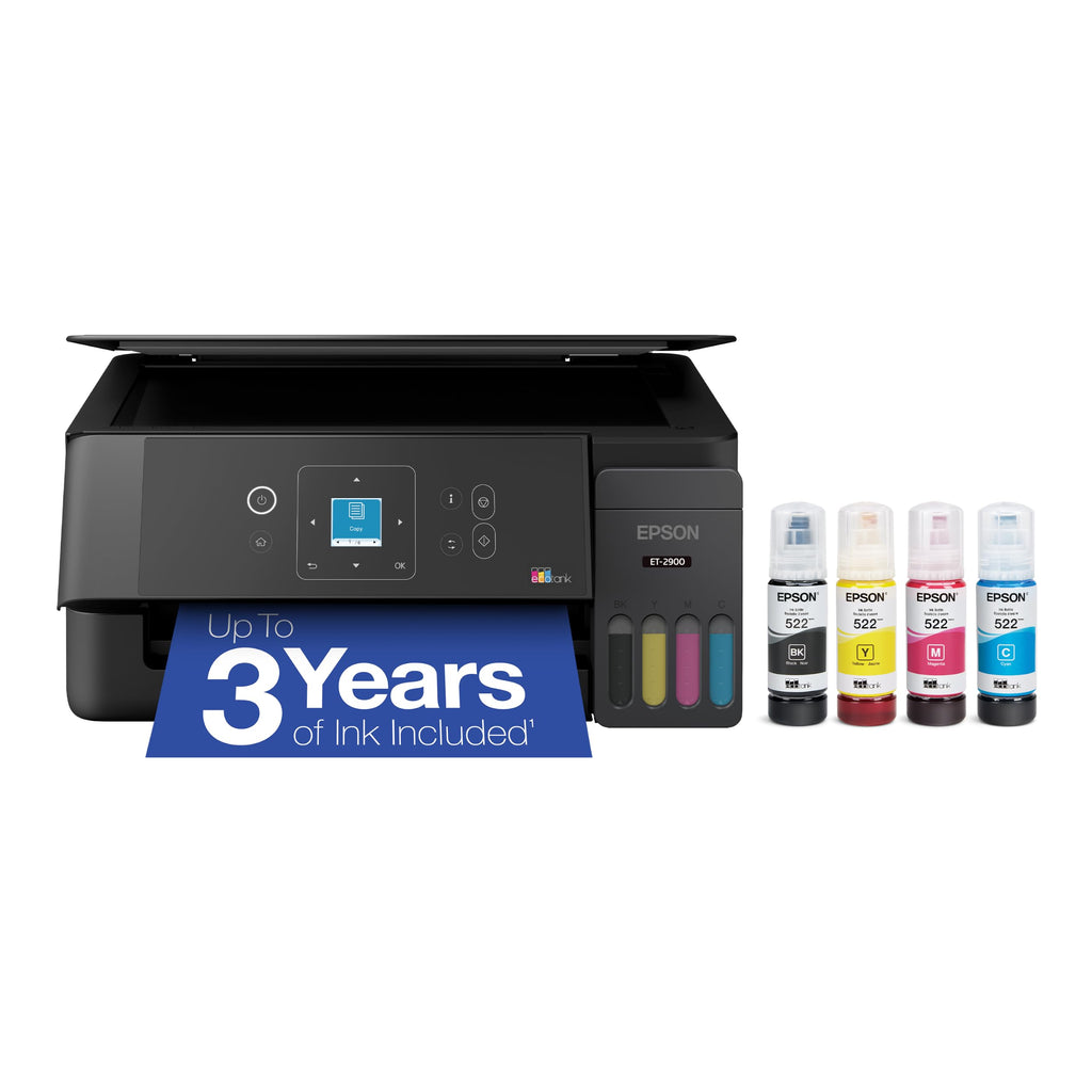 Epson EcoTank ET-2900 Wireless All-in-One Color Supertank Printer with up to 3 Years of Ink, Refillable Tanks, Perfect for Home, 11 PPM, 1.44" Color Screen, Built-in Scanner – White