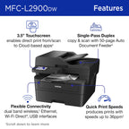 Brother Professional Laser Printer with Scanner, High-Speed 36 ppm Monochrome All-in-One, Wireless Duplex Printing and Scanning, Cloud-Ready 3.5 in Touchscreen for Small Business (MFC-L2900DW)