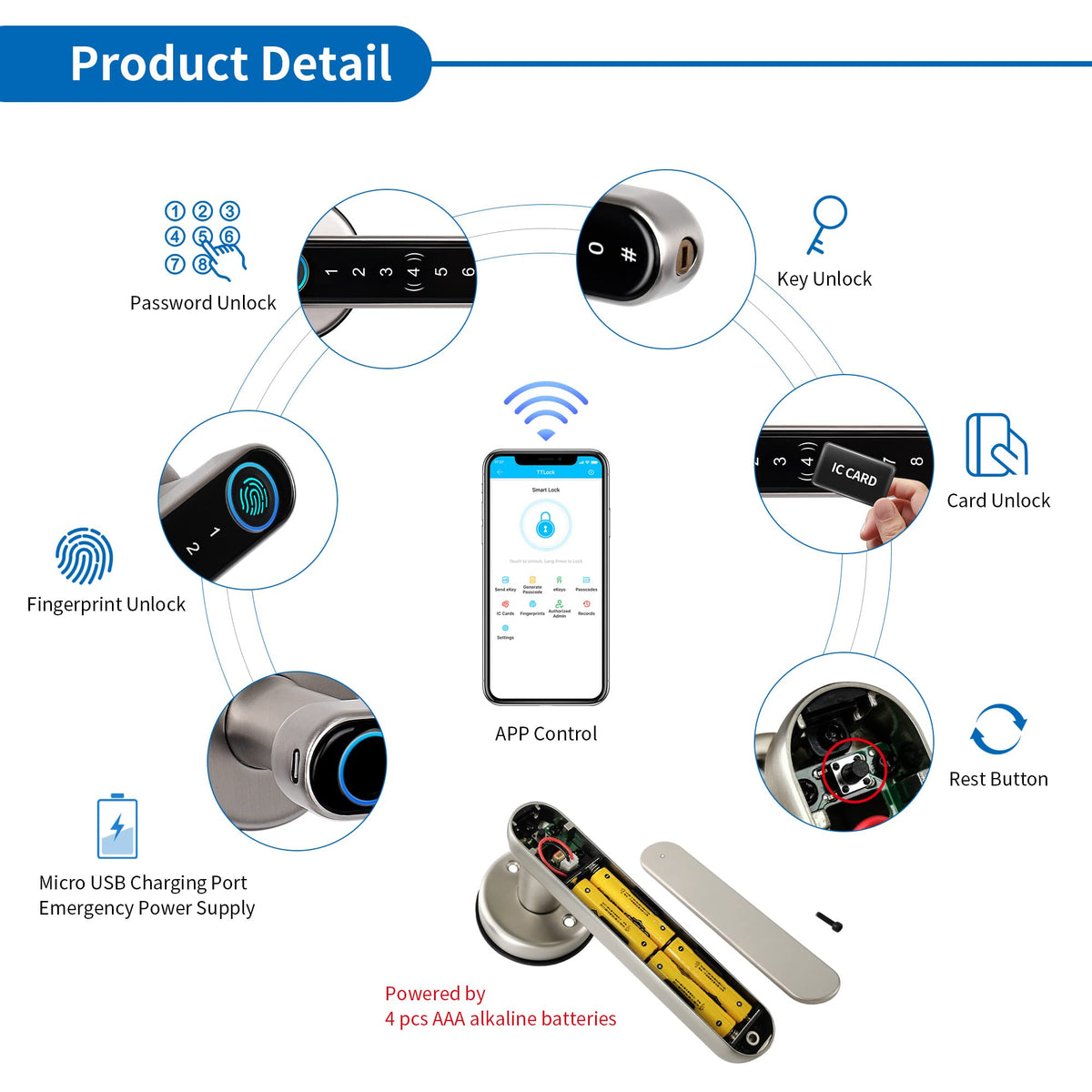 Fingerprint Door Handle - Keyless Entry, Biometric Smart Door Lock with WiFi Connectivity - Satin Nickel