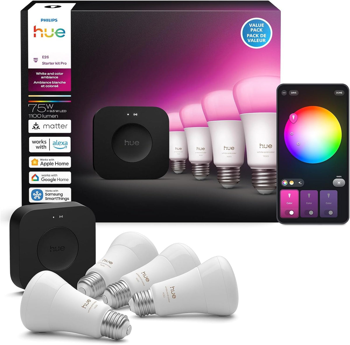 PHILIPS Hue Starter Kit, Bridge Pro + 4 A19 E26 Smart Bulbs