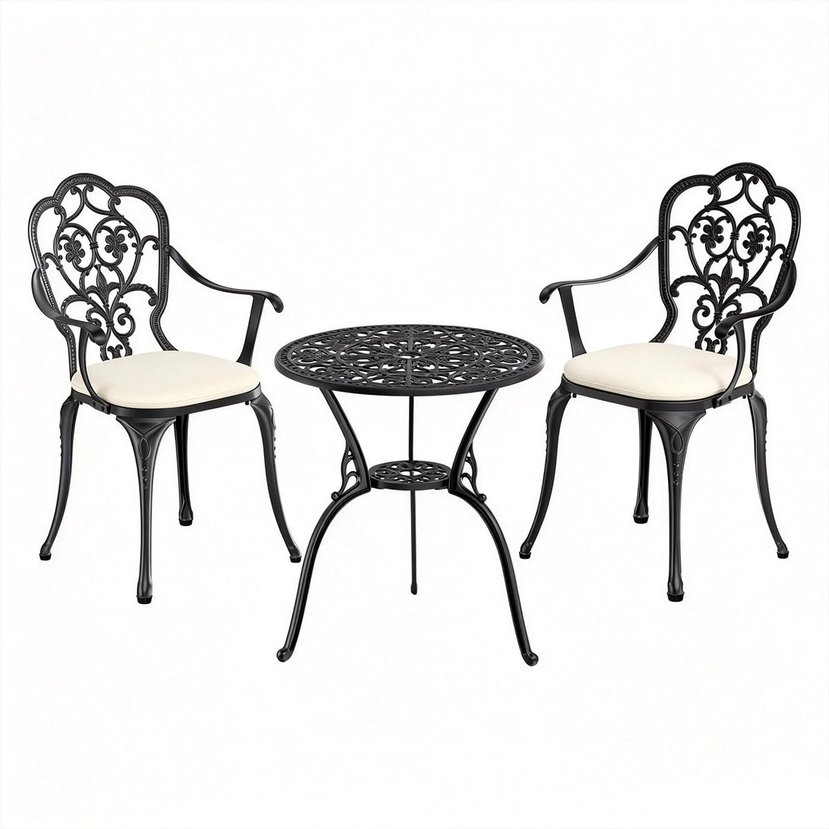 Patio Bistro Set of 2 w/Cushions and Umbrella Hole, White