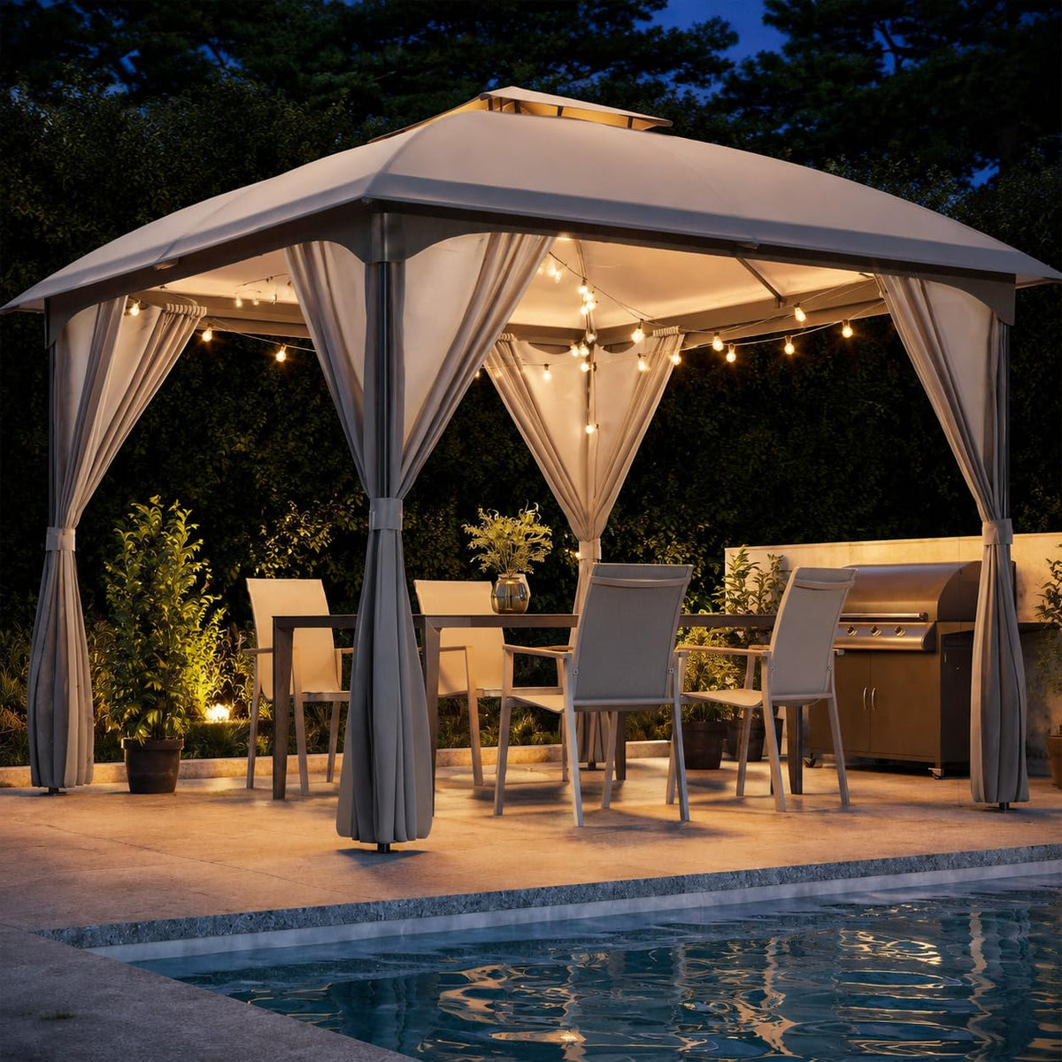 10x10 Arc Gazebo Canopy with Curtains & Double Roof
