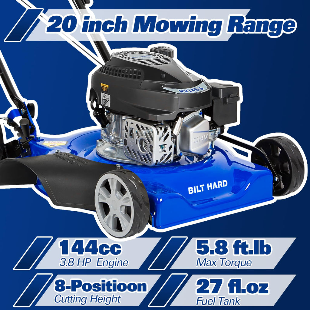 BILT HARD Gas Lawn Mower 20 inch, 144cc 4-Cycle OHV Engine Lawnmower, 8 Adjustable Cutting Heights Push Mowers for Lawn, Yard and Garden