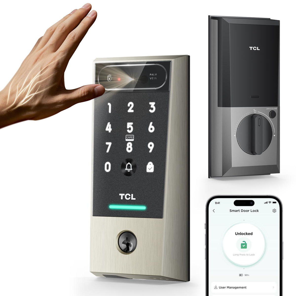 TCL Smart Lock D2 Pro, Palm Vein Keyless Entry Deadbolt Door Lock with APP