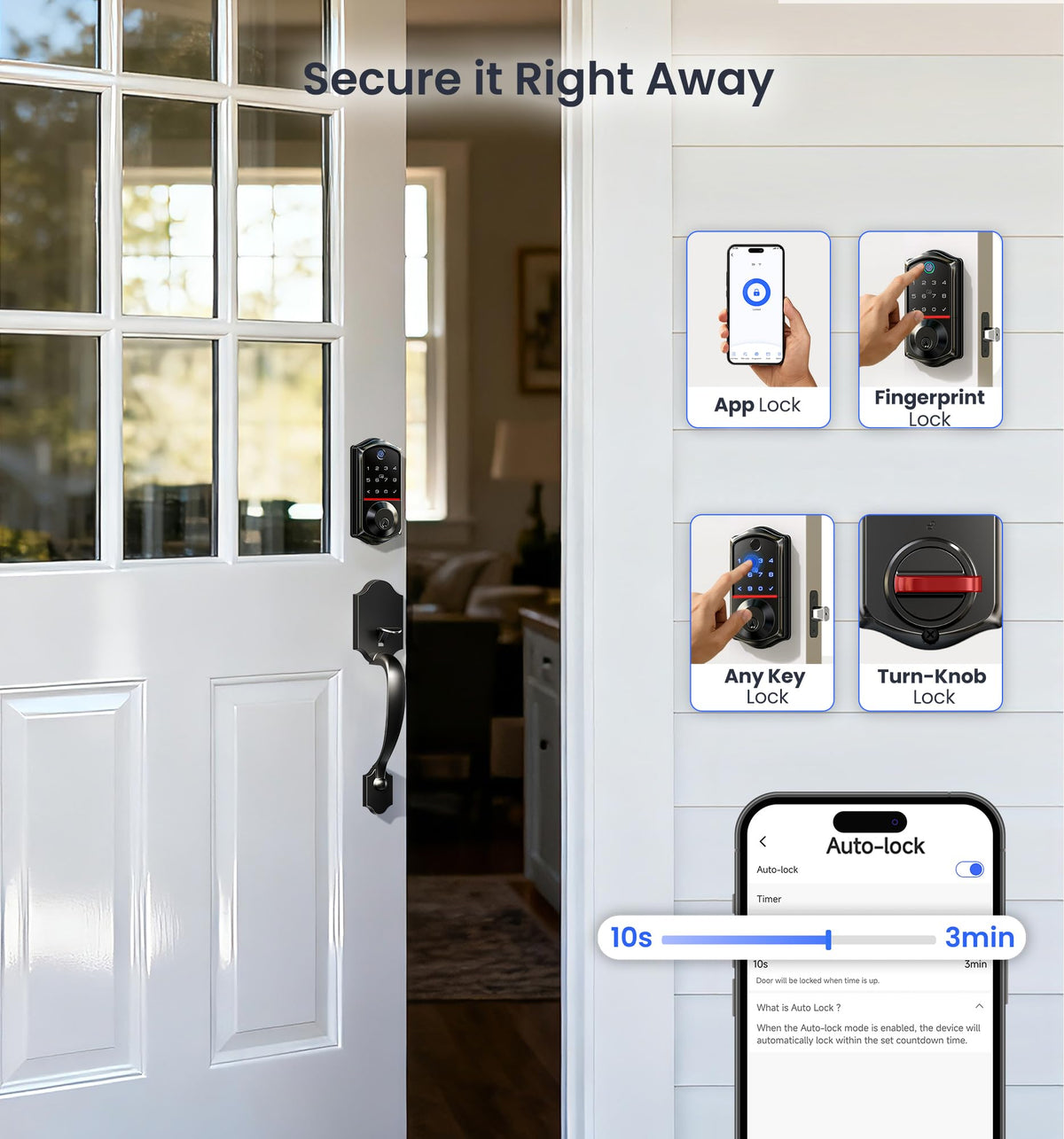 Veise VE017-H 8-in-1 Fingerprint Smart Front Door Lock Set, Matte Black