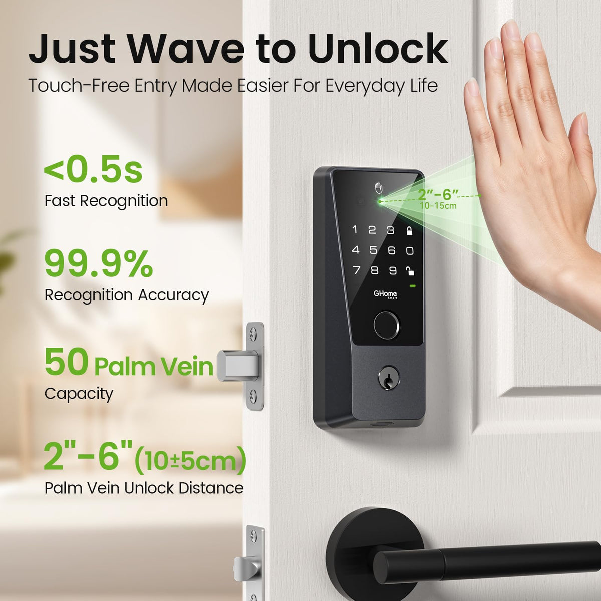 GHome Smart Palm Vein Lock, 6-in-1 WiFi Keyless Deadbolt for Front Door