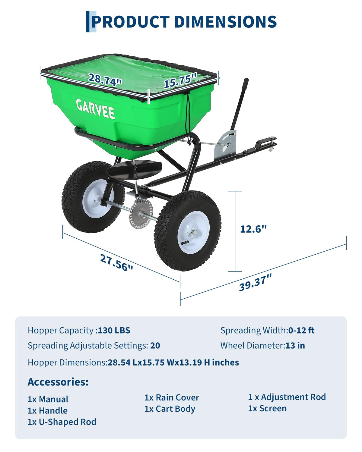 Heavy Duty 125L Tow Behind Broadcast Spreader – 9.8FT Spreading Width, 30 Current Settings, Global Hitch, for UTV, ATV, Tractor, Fertilizer, Seed, Salt, Ice Melt – Green (Douzi) + Black Rod