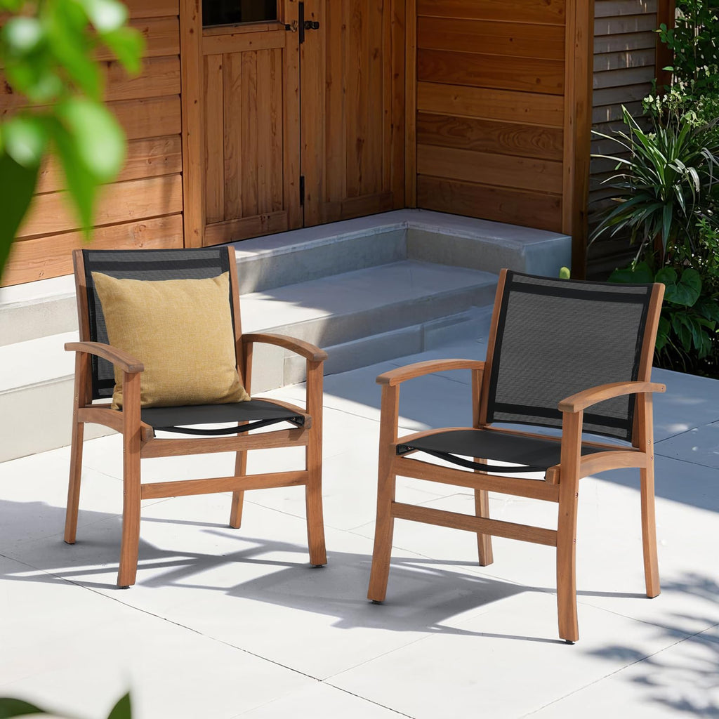 Acacia Wood Patio Dining Chairs Set (Black, 2 Pieces)