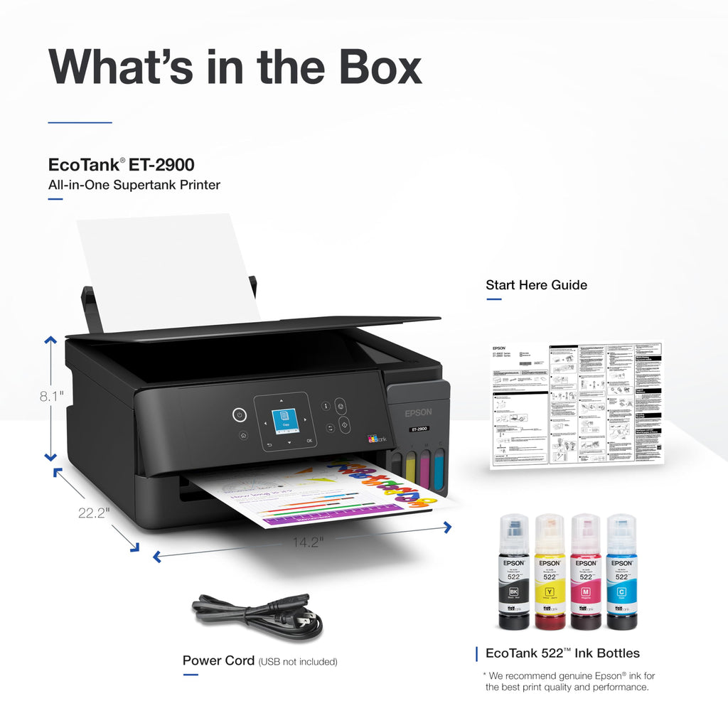 Epson EcoTank ET-2900 Wireless All-in-One Color Supertank Printer with up to 3 Years of Ink, Refillable Tanks, Perfect for Home, 11 PPM, 1.44" Color Screen, Built-in Scanner – Black