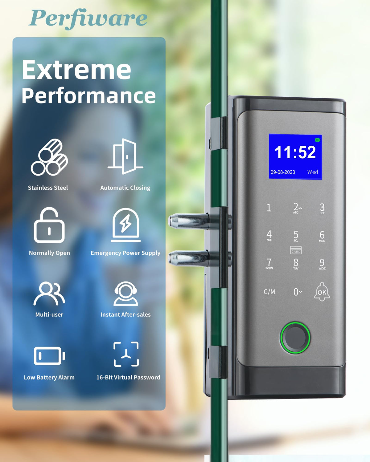 Smart Glass Door Locks,Perfiware Biometric Fingerprint 4in1 Glass Gate Locks LG2215,No Drill Keyless Entry Door Locks,Great for Home,Window,Front Door,Green House,Cabinet,Office,Hotel