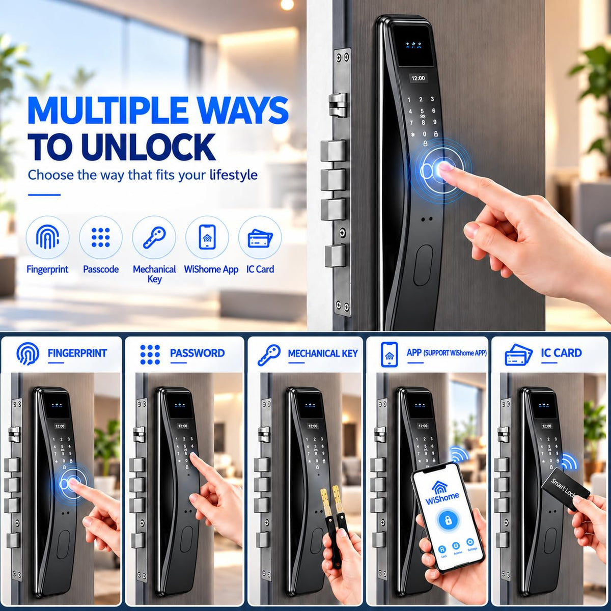 Smart Lock with Face Recognition: Biometric Palm Vine & Fingerprint, Video Intercom, Wishome APP Control, Keyless Entry Door Lock with HD Camera Display, Anti-Theft Alarm