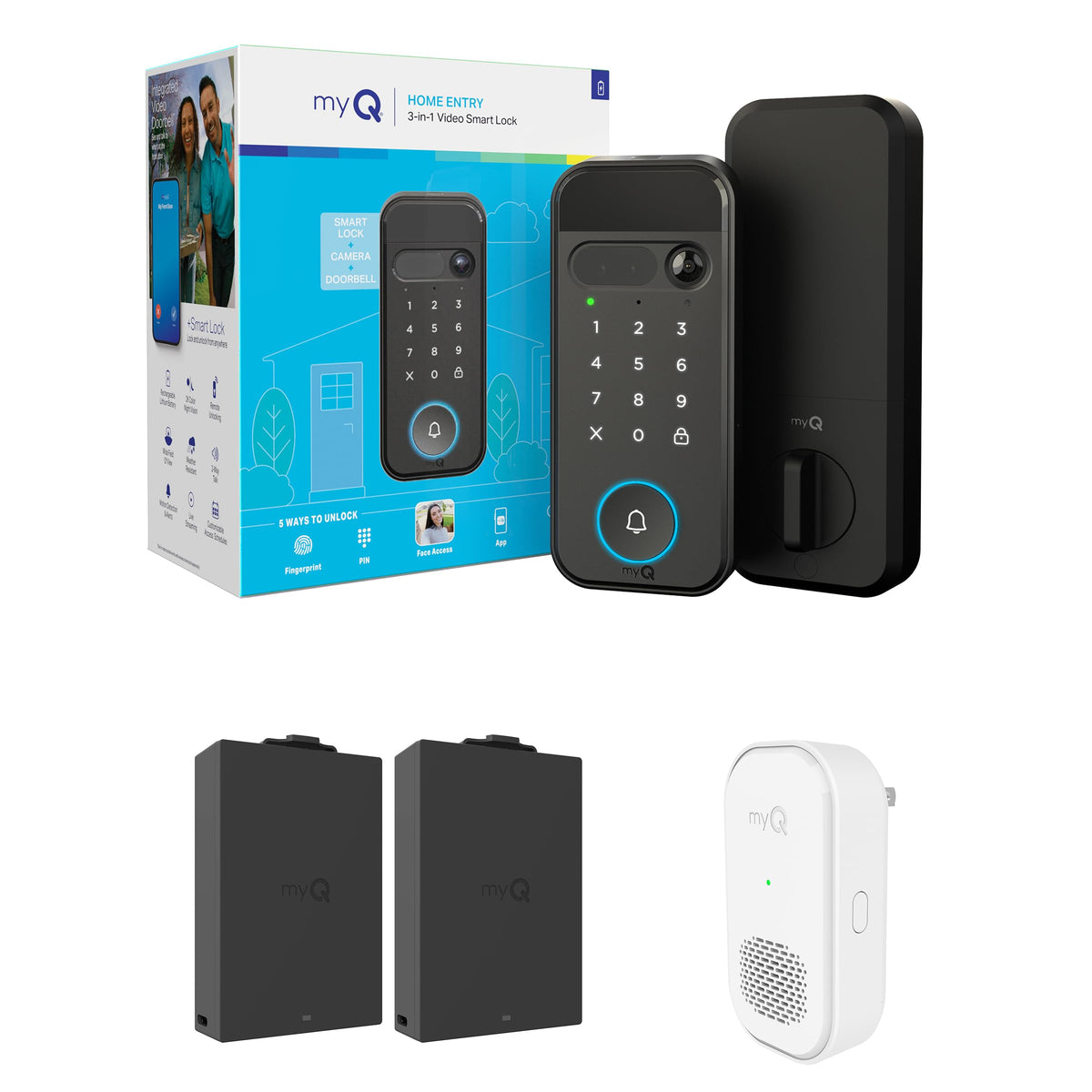 myQ Secure View™ 3-in-1 Smart Lock Deadbolt + Extra Battery, Keyless Entry Door Lock, 2K HDR Doorbell Camera, Face, Fingerprint & PIN Access, App Control, Color Night Vision & Two-Way Audio