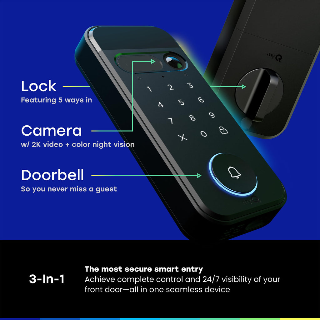 myQ Secure View™ 3-in-1 Smart Lock Deadbolt + Extra Battery, Keyless Entry Door Lock, 2K HDR Doorbell Camera, Face, Fingerprint & PIN Access, App Control, Color Night Vision & Two-Way Audio