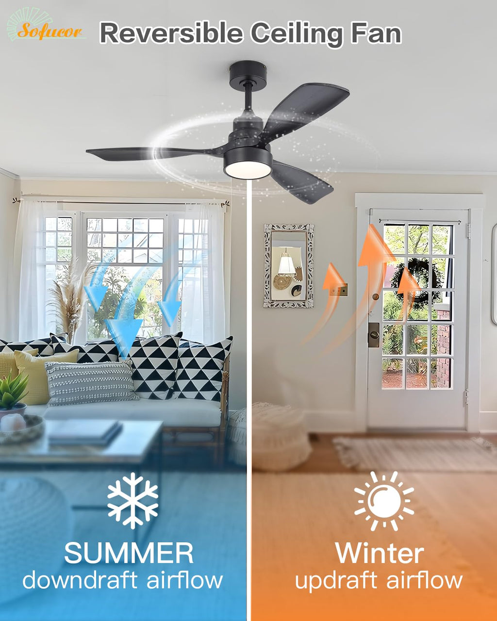 Sofucor 48 Inch Smart Wood Ceiling Fans with Lights, Flush/Downrod Mount
