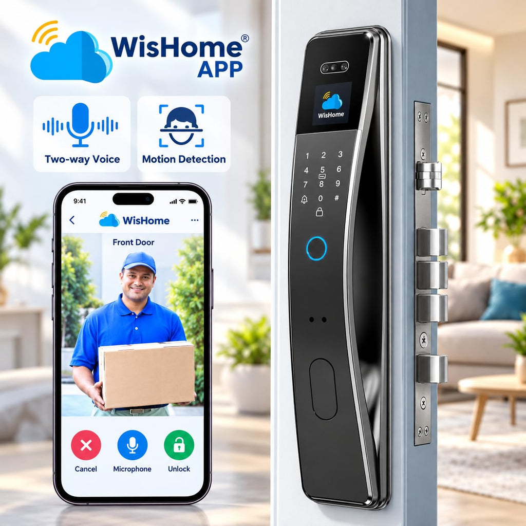Smart Lock with Face Recognition: Biometric Palm Vine & Fingerprint, Video Intercom, Wishome APP Control, Keyless Entry Door Lock with HD Camera Display, Anti-Theft Alarm (Silver)