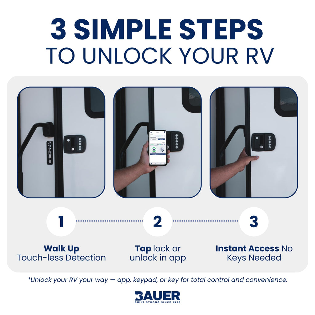 Bauer NE Bluetooth Keyless Entry Door Lock with Handle, Close Field Technology, Essential Camper Must Haves, Secure Trailer, Durable RV Door Latch, Convenient RV Lock Keyless Entry