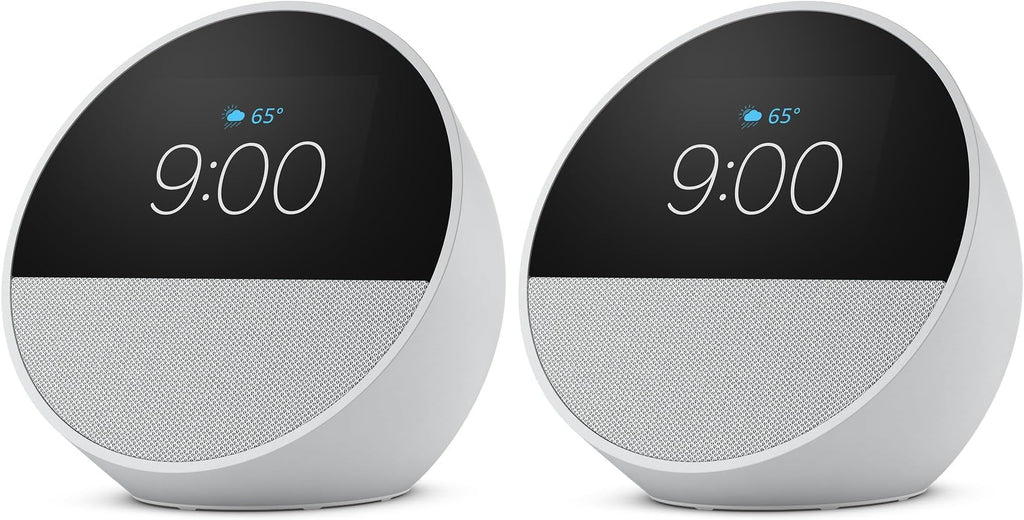 Amazon Echo Spot (newest model), Great for nightstands, offices and kitchens, Smart alarm clock, Designed for Alexa+, Glacier White (Pack of 2)